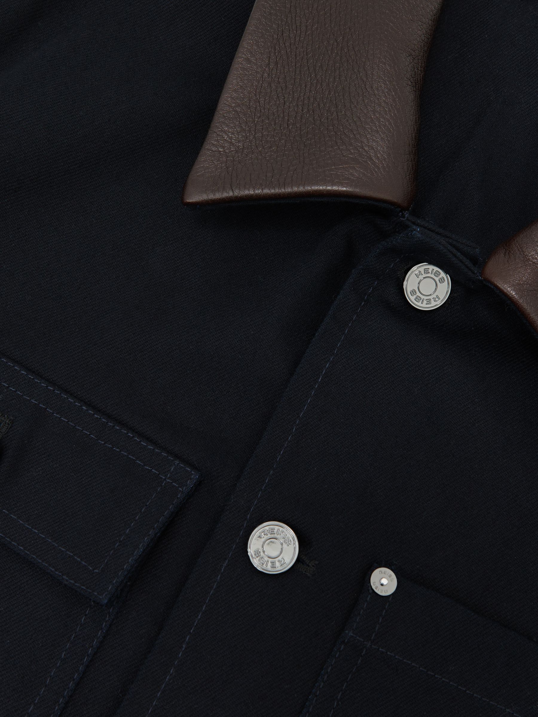 Denim Leather-Collar Worker Jacket in Indigo Blue