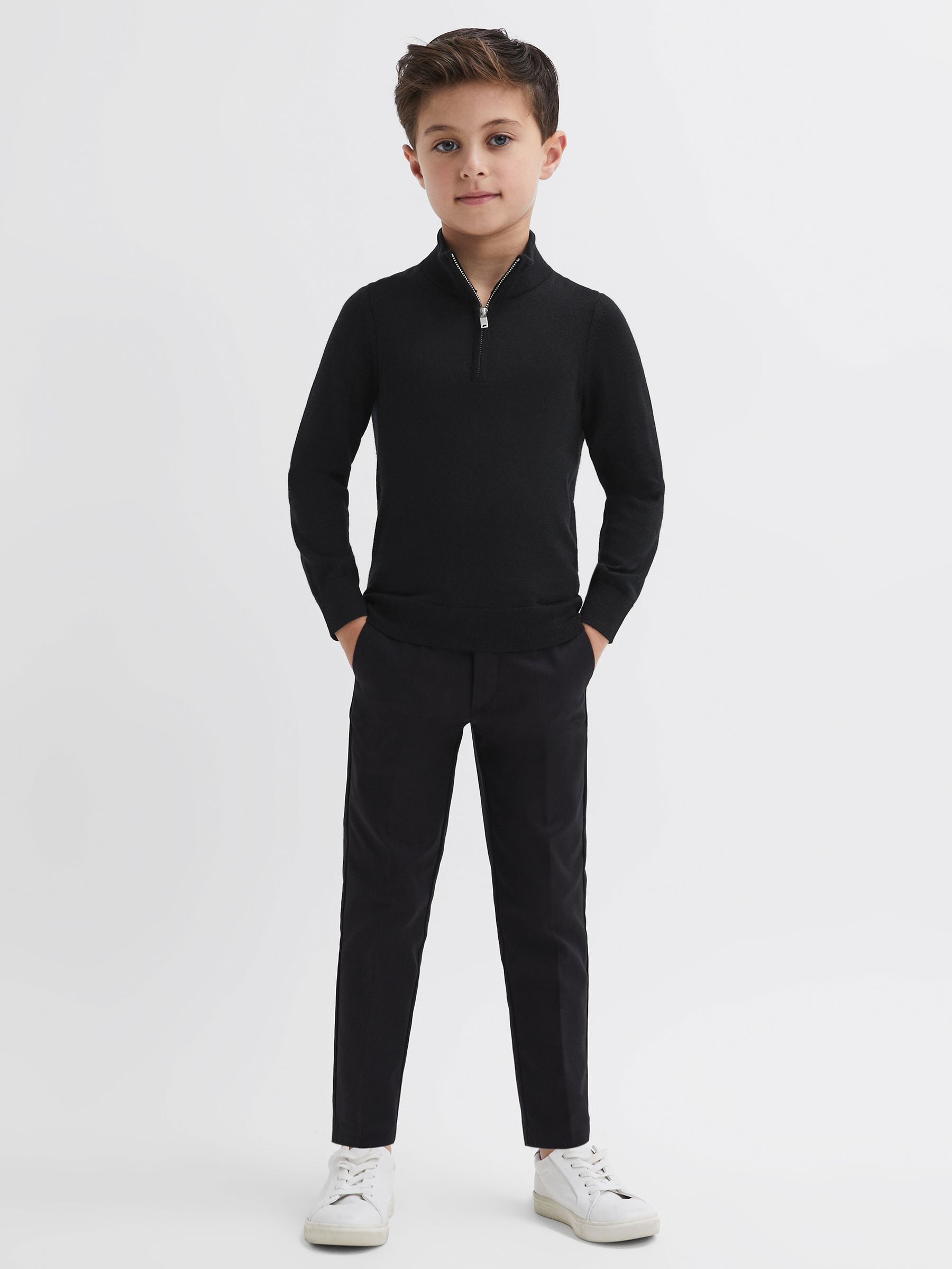 9-14 yrs Merino Wool Zip-Neck Jumper in Black
