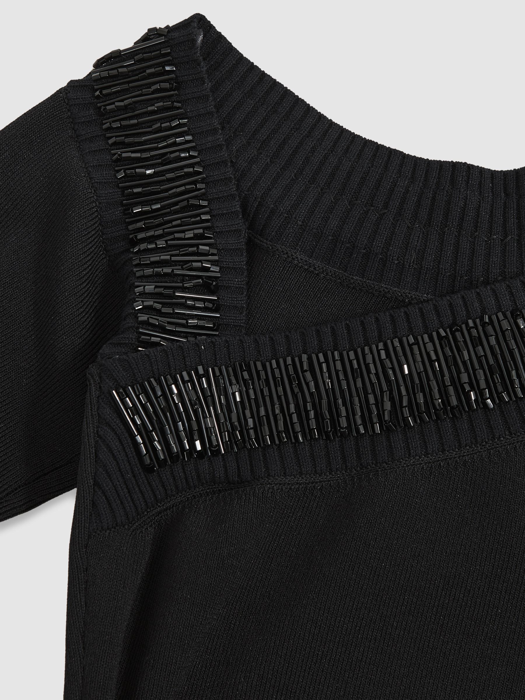 Bead-Detail Off-Shoulder Knit Dress in Black