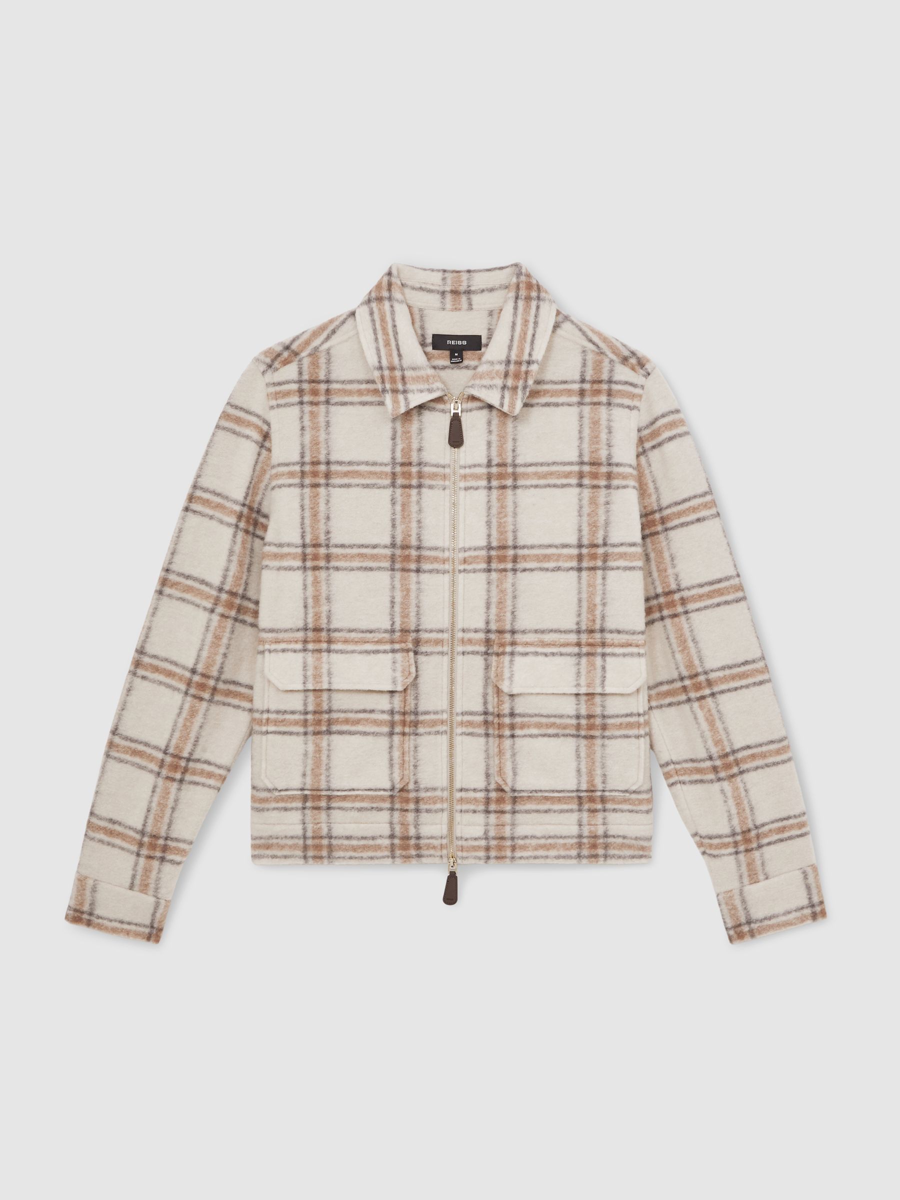 Zip-Through Check Overshirt with Wool in Stone