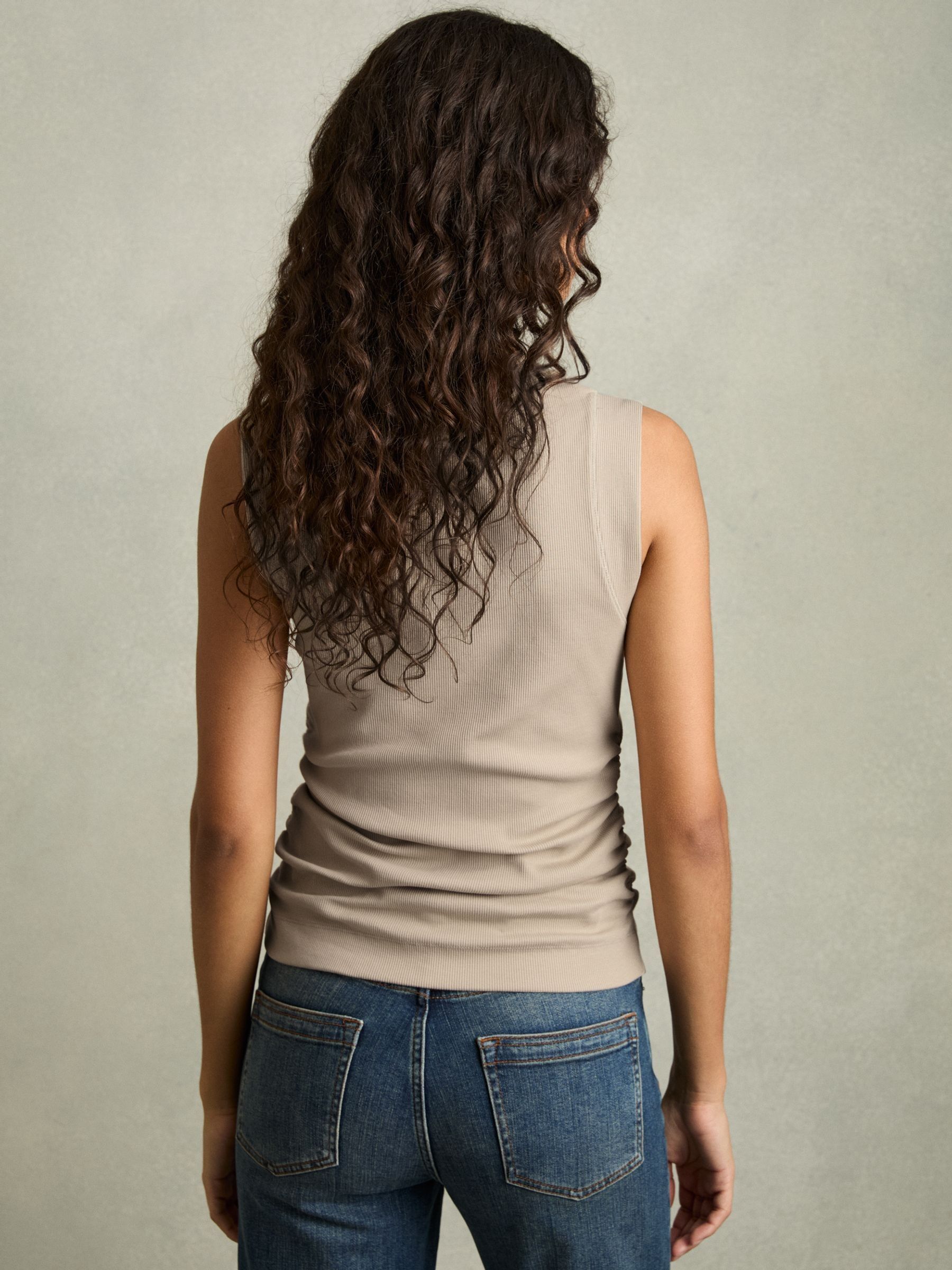 Fine-Rib Ruched Vest Top in Light Camel