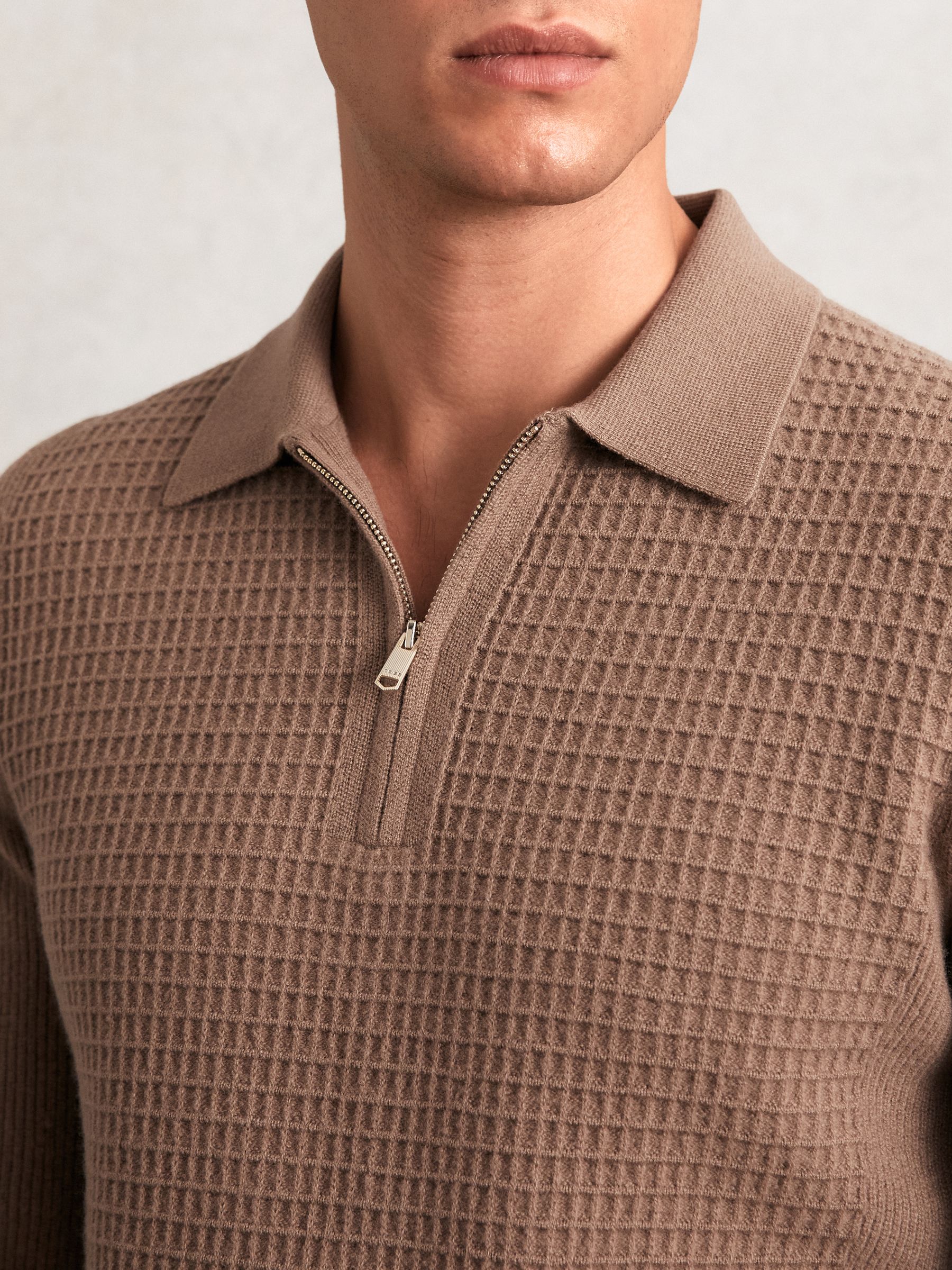 Wool Waffle-Knit Half-Zip Polo Shirt in Camel Brown