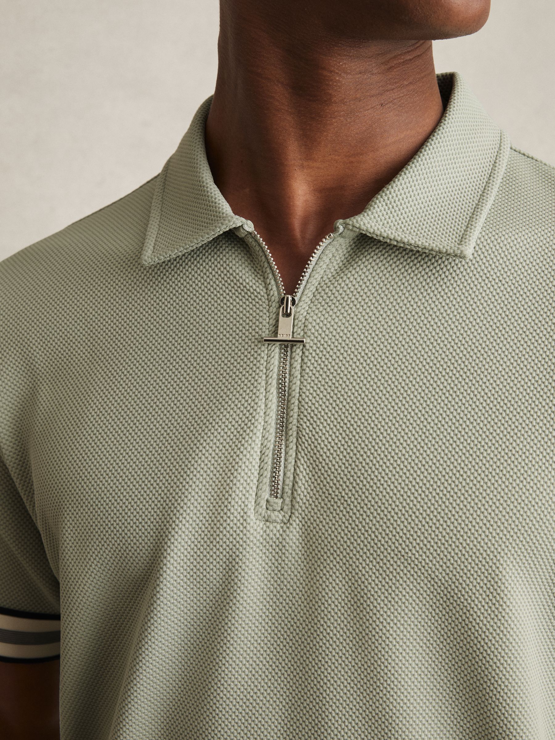 Textured Contrast Trim Half-Zip Polo Shirt in Sage Green