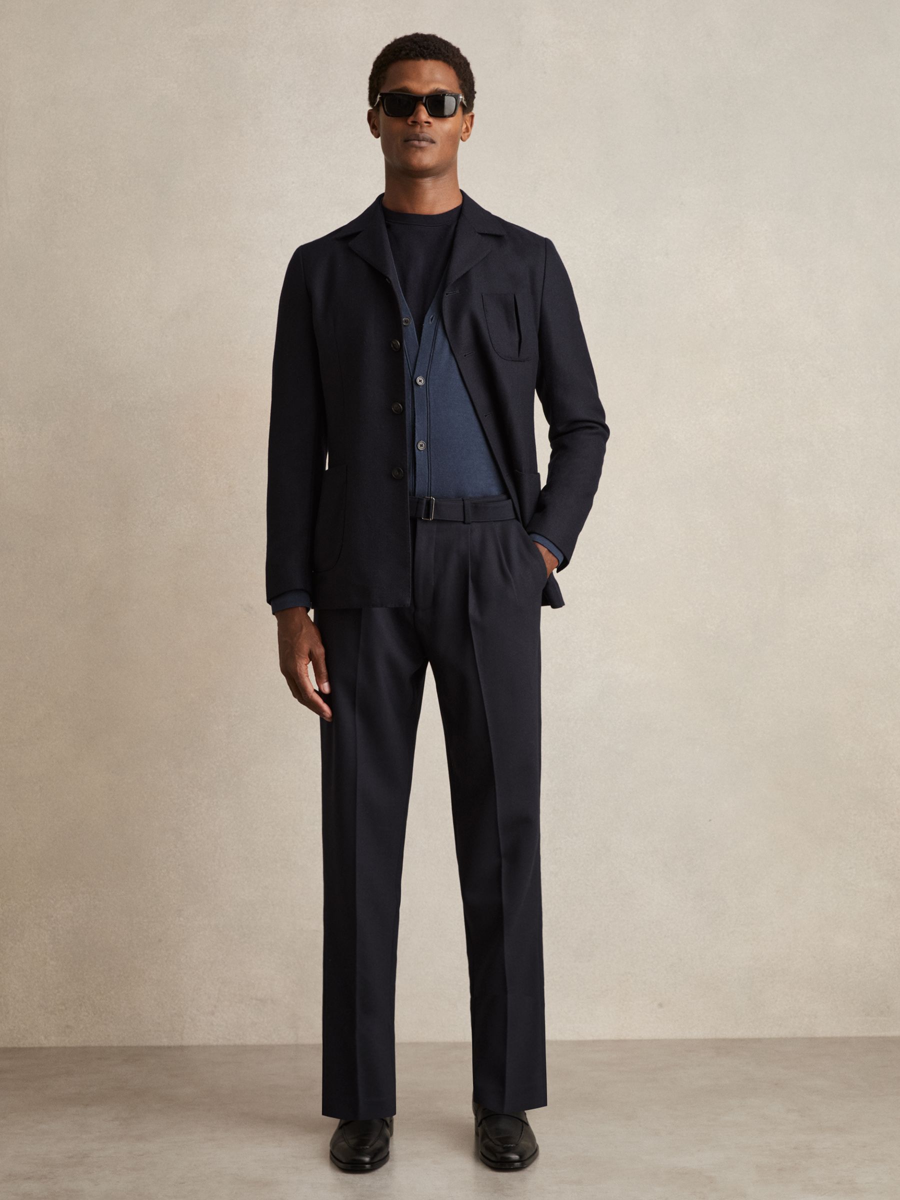 Wool-Blend Tailored-Fit Belted Trousers in Navy