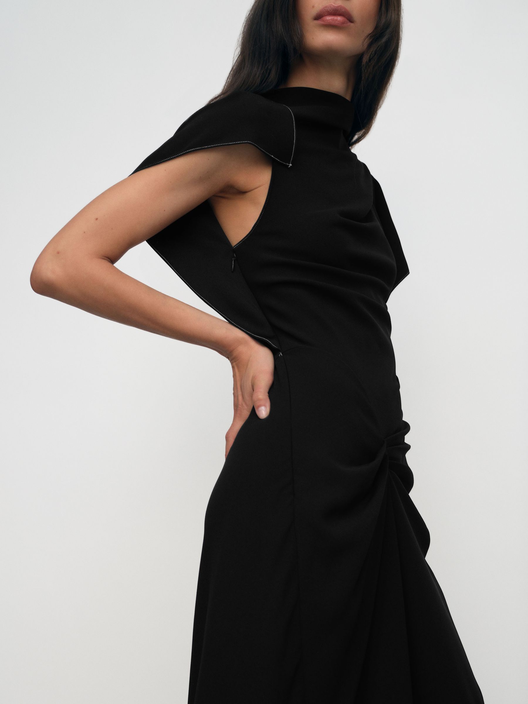 Asymmetric Draped Midi Dress in Black