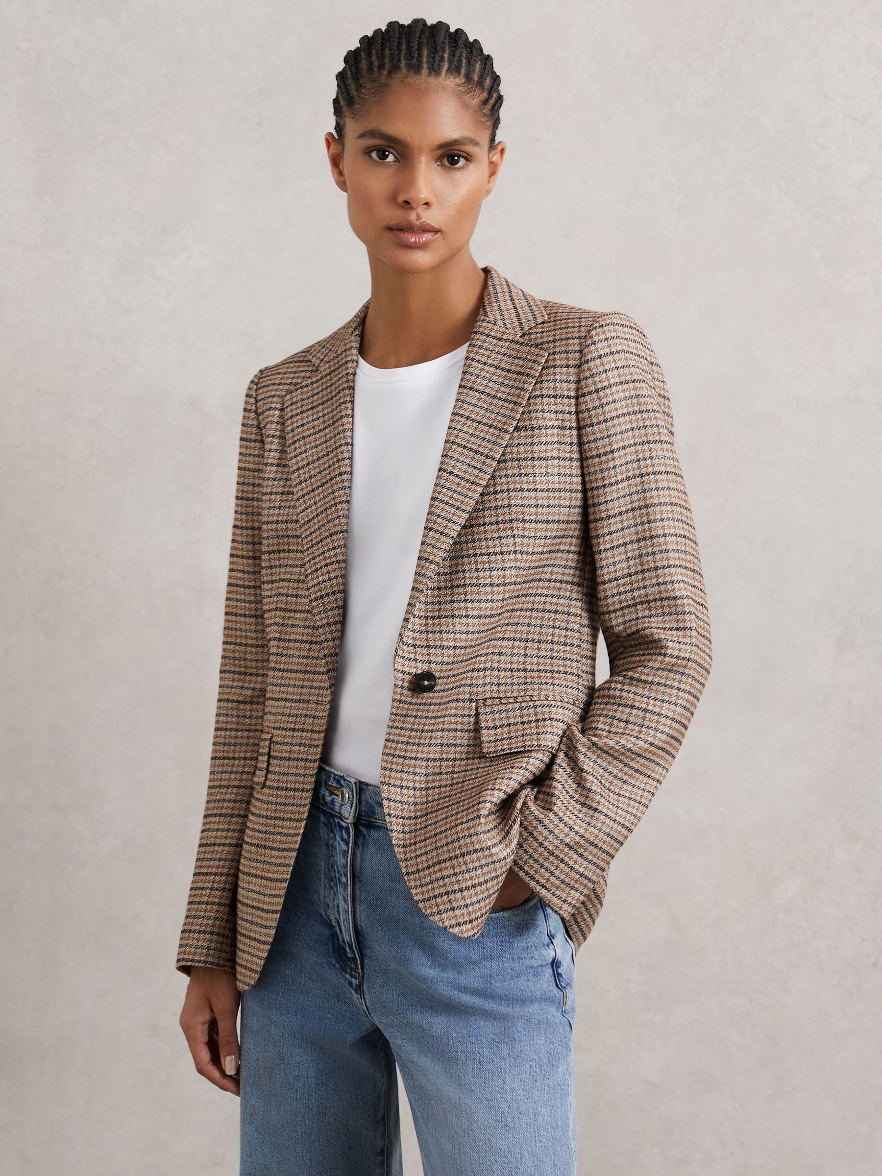 Single-Breasted Check Suit Blazer With Linen in Neutral Check