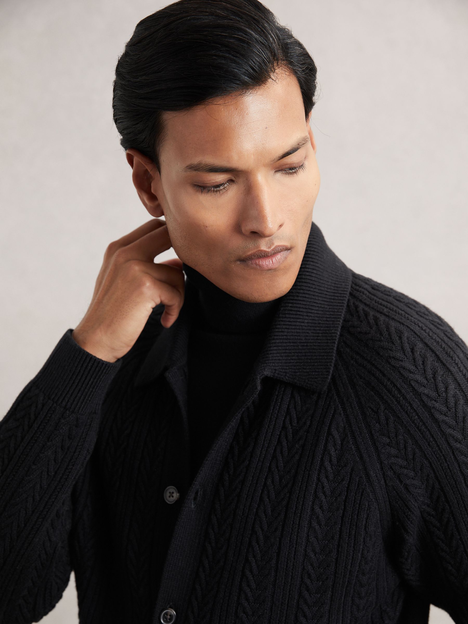 Cable-Knit Cardigan With Wool in Black