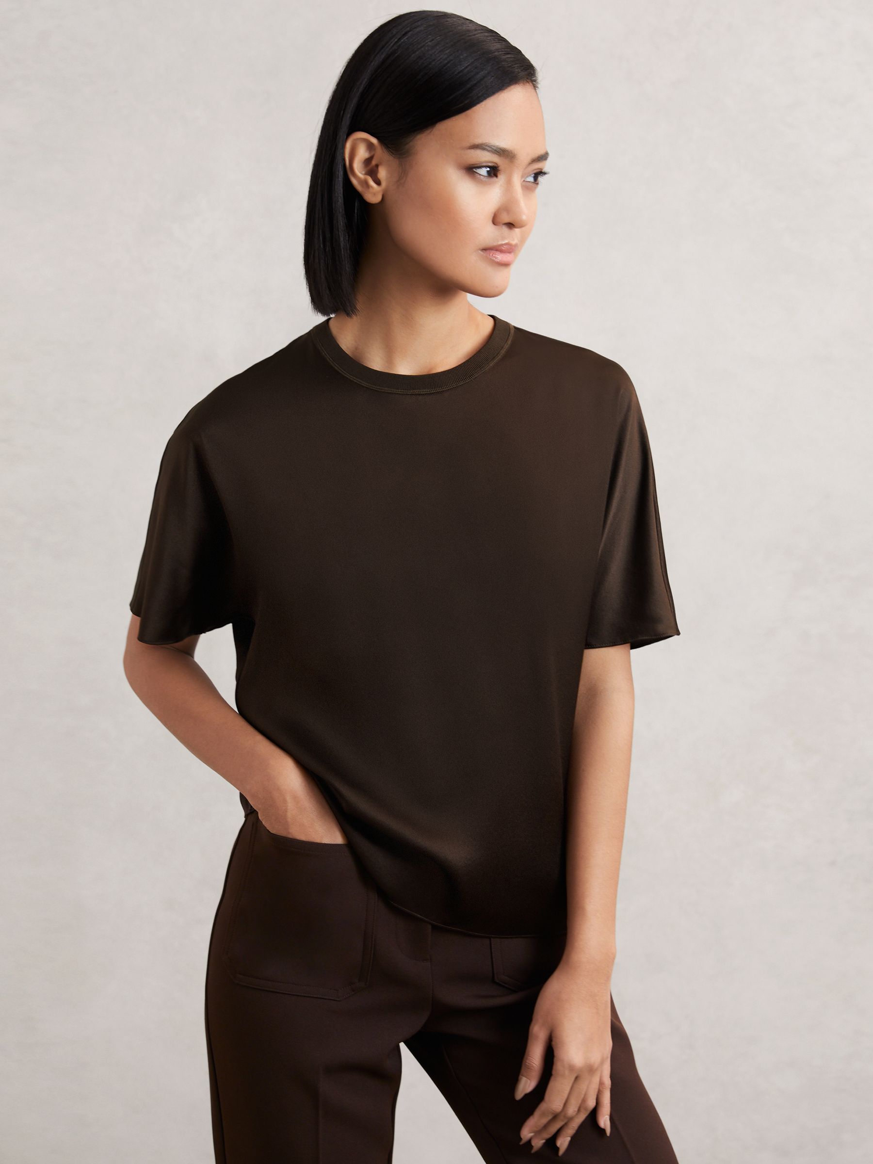 Silk Short-Sleeve Top in Chocolate Brown