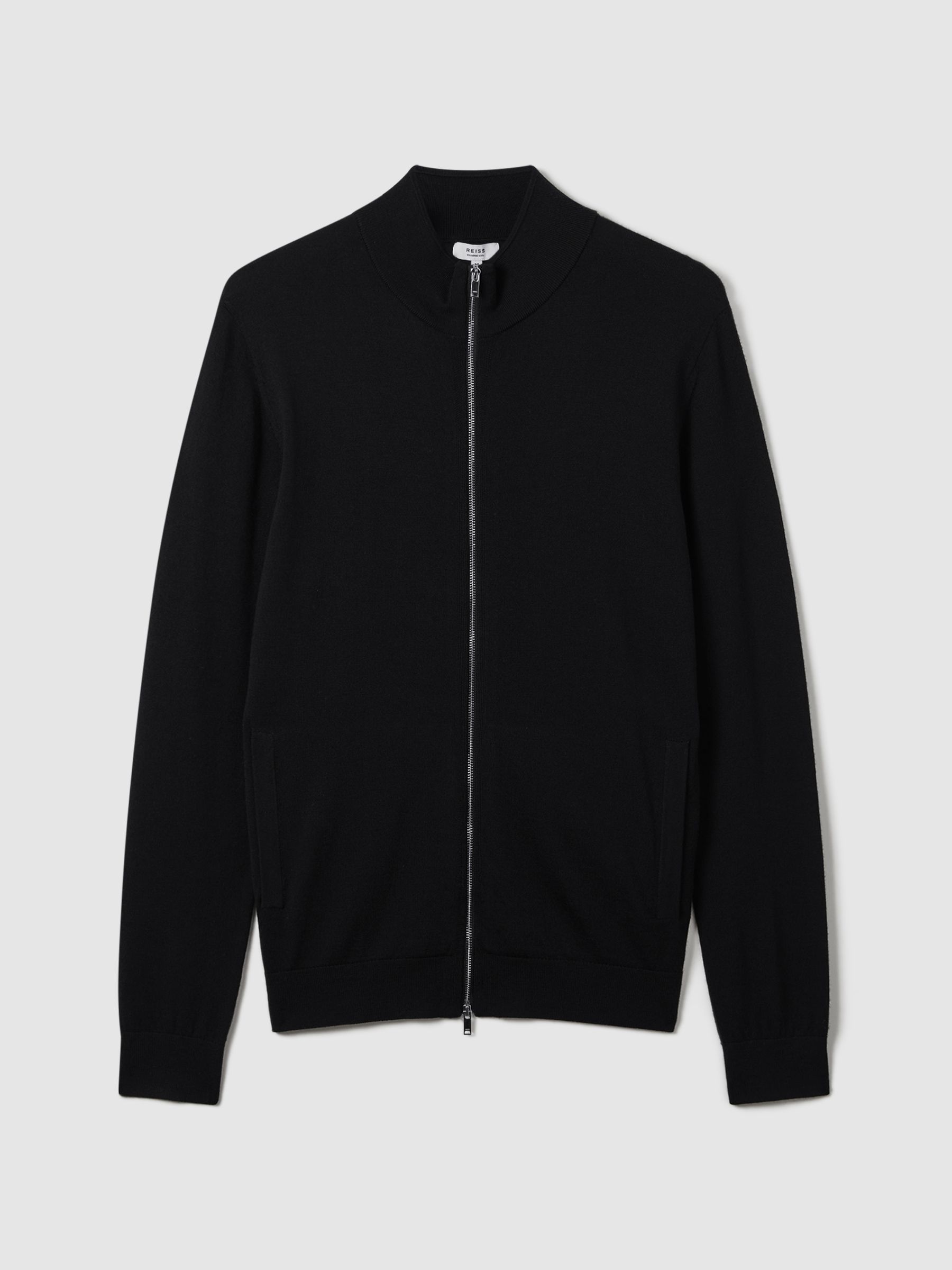 Merino Wool Zip-Through Cardigan in Black
