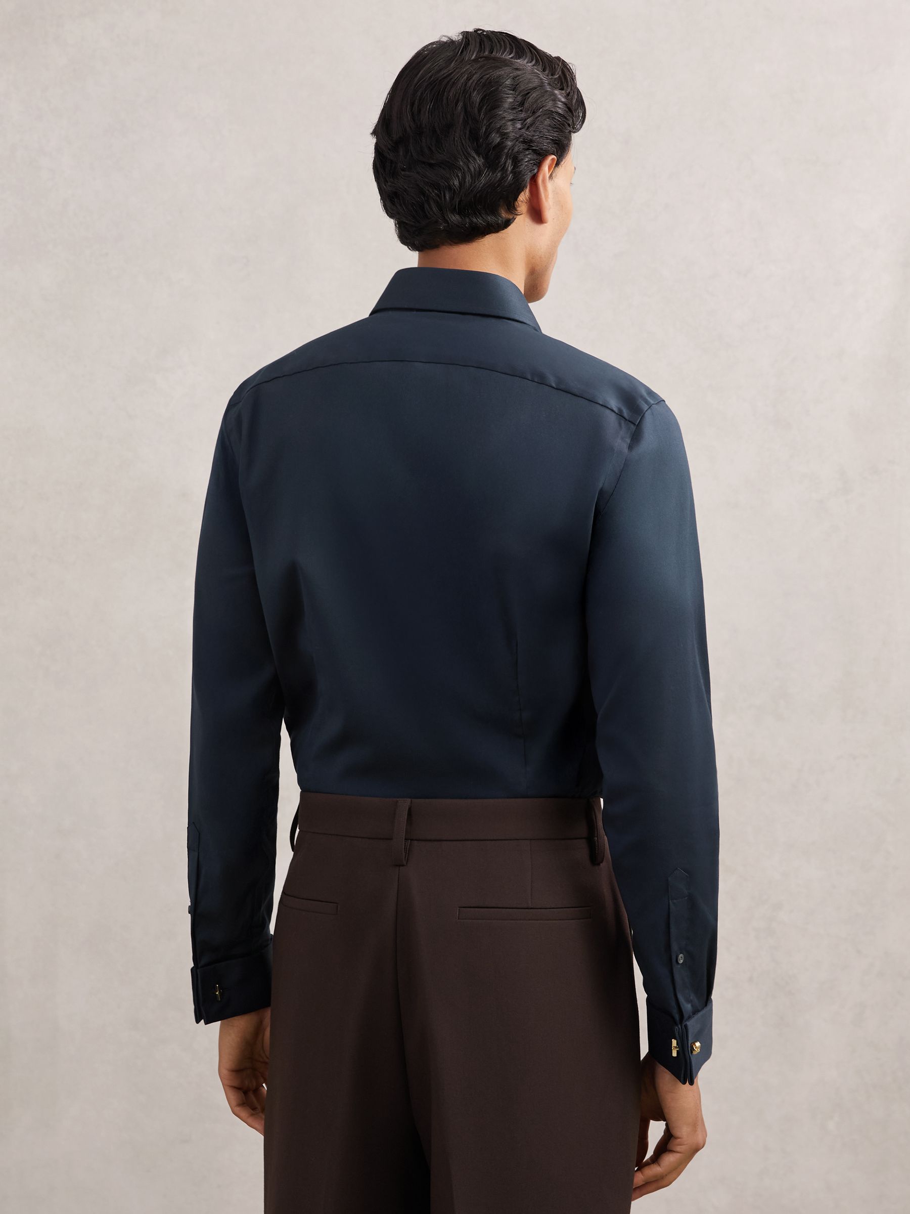 Slim Fit Stretch Double-Cuff Shirt Cotton-Blend in Navy