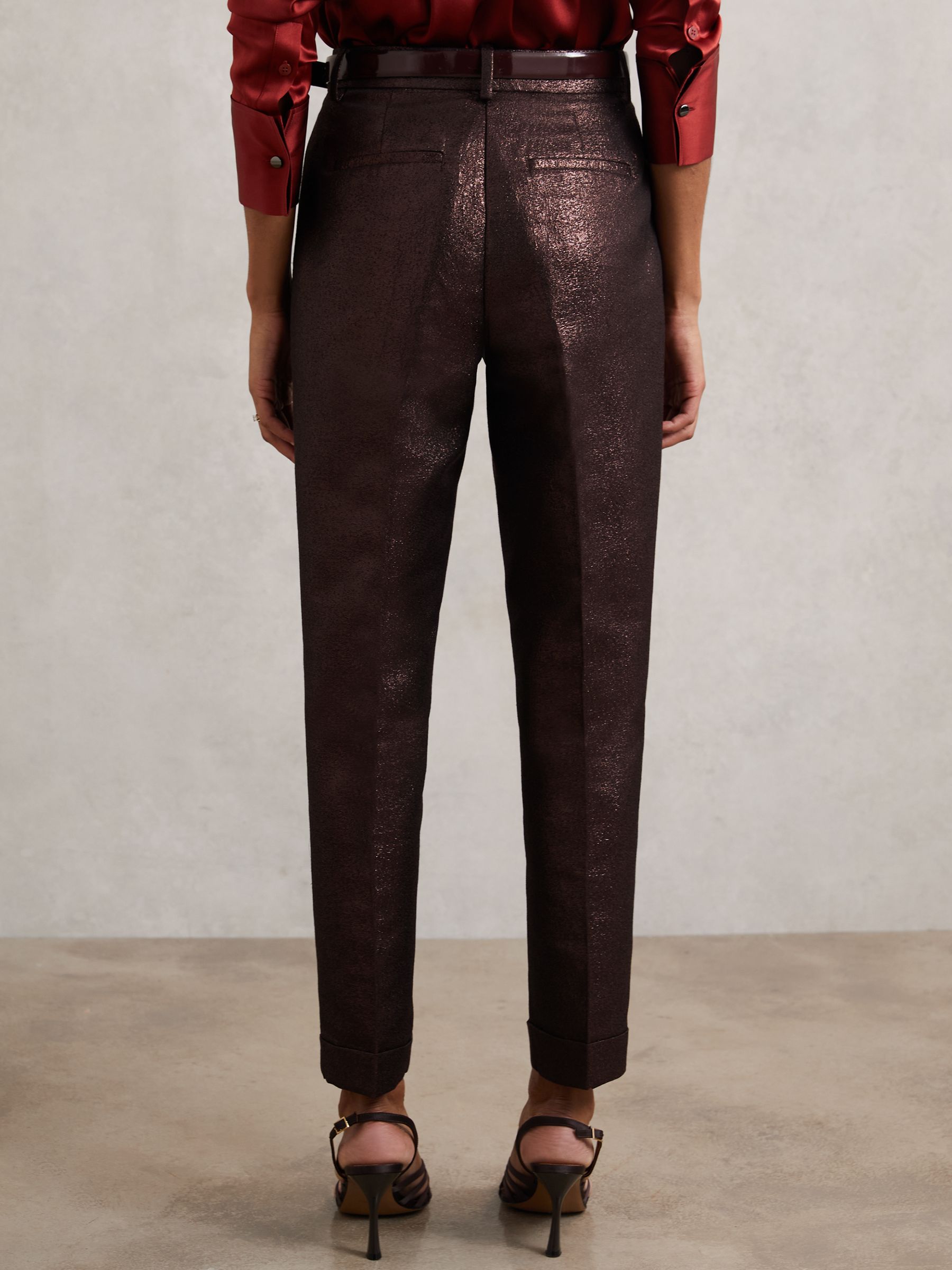 Petite Tapered Metallic Suit Trousers with Cotton in Burgundy