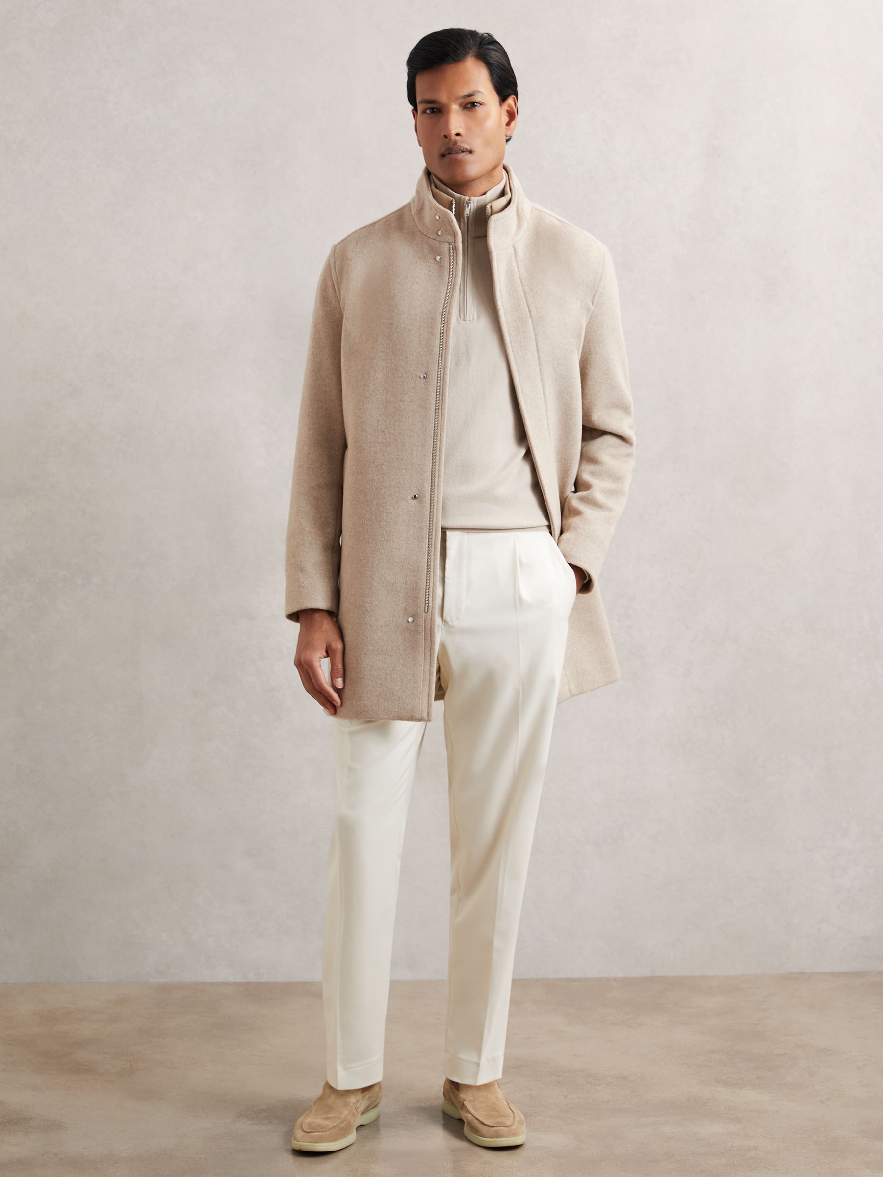 Wool-Blend Gilet-Insert Coat in Oatmeal Brown