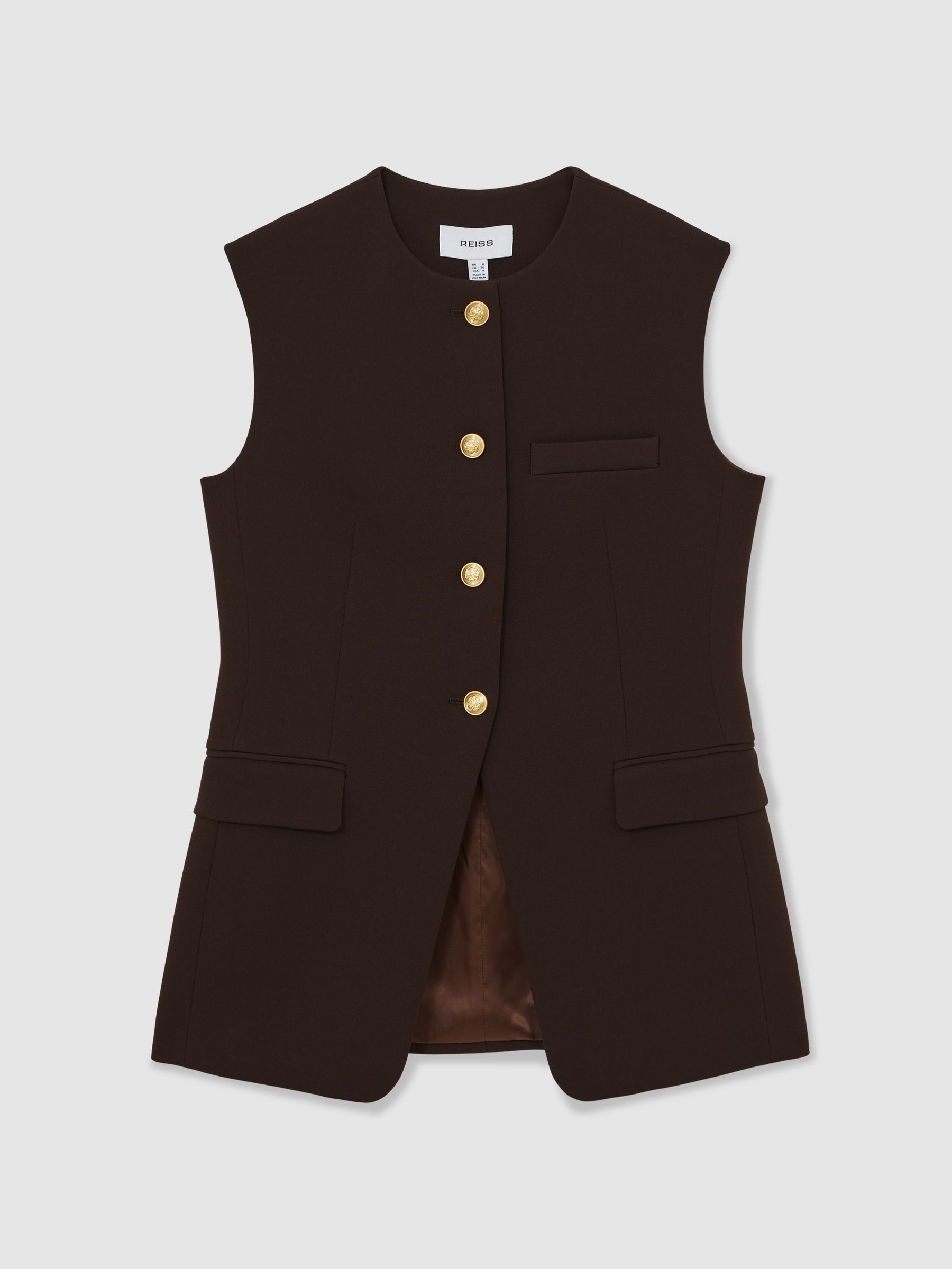 Longline Button-Through Waistcoat in Chocolate Brown
