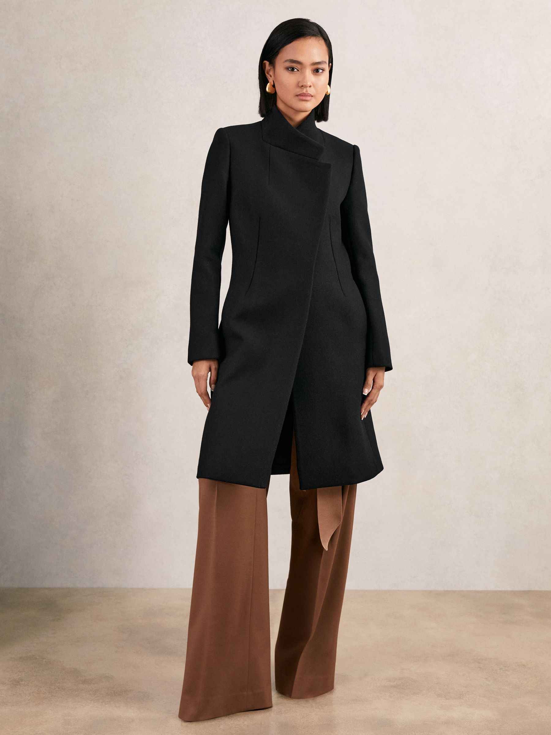 Petite Wool-Blend Wrapover Mid-Length Coat in Camel