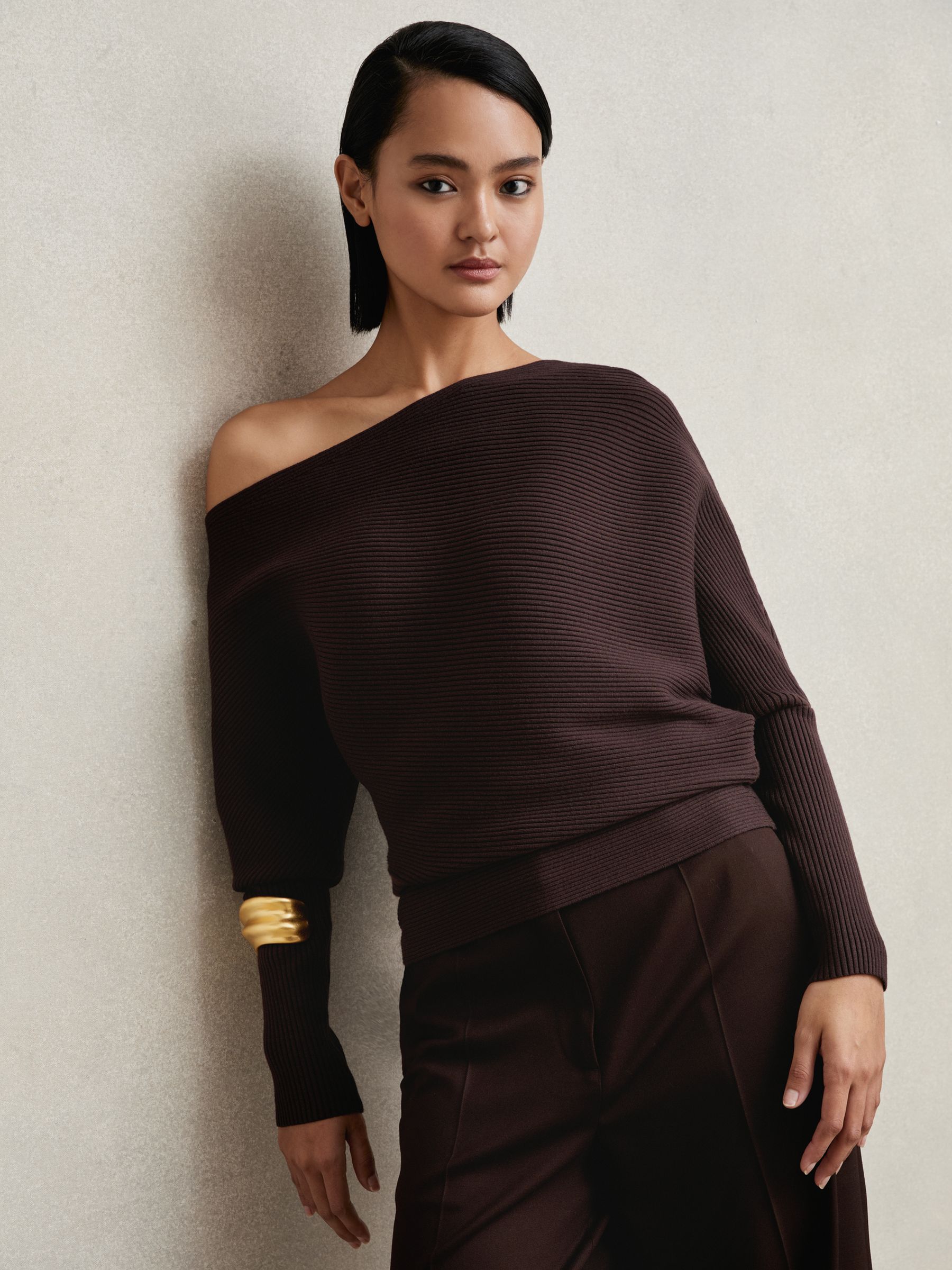 Asymmetric Draped Knitted Jumper in Plum