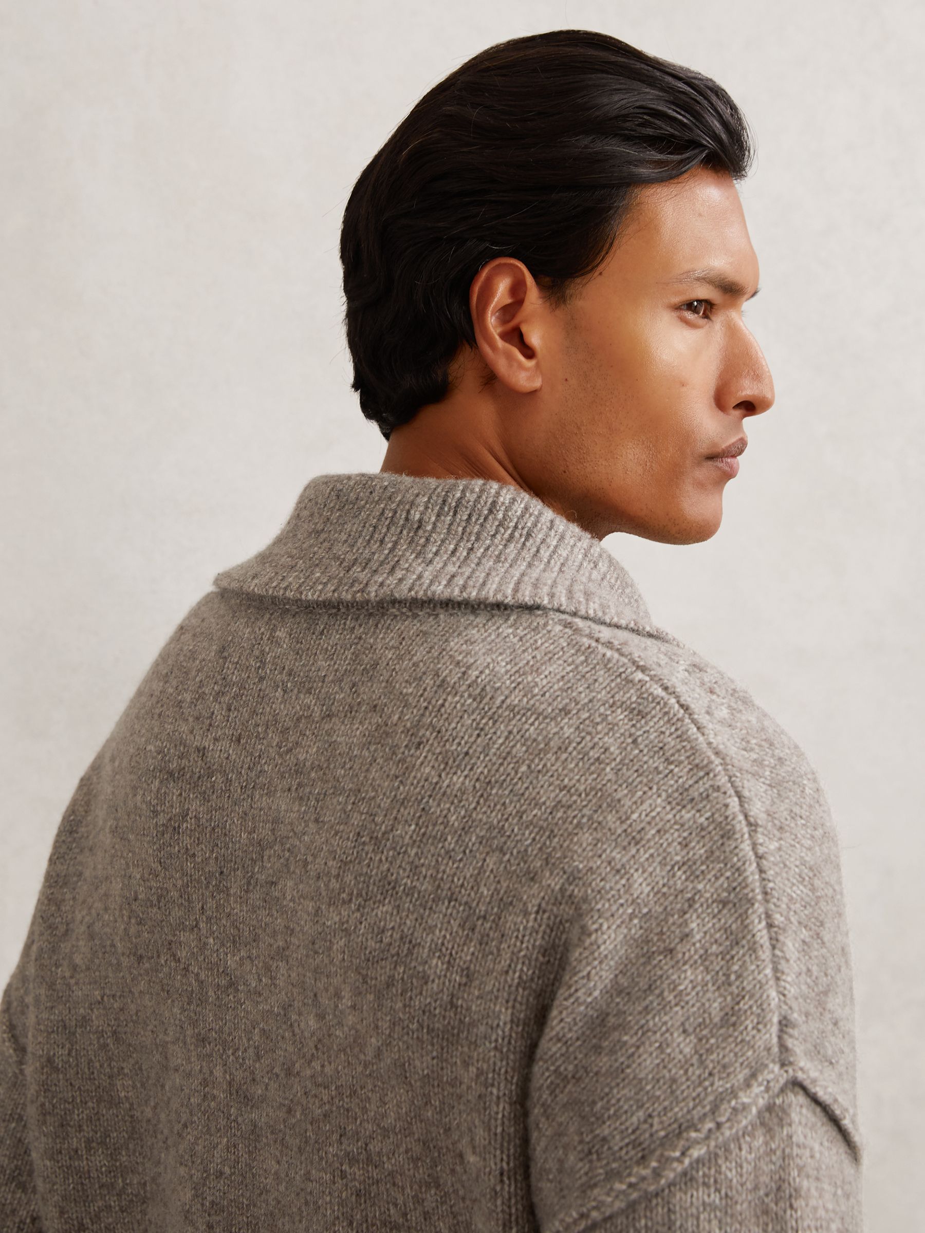 Wool-Blend Relaxed Open-Collar Jumper in Taupe Brown Melange