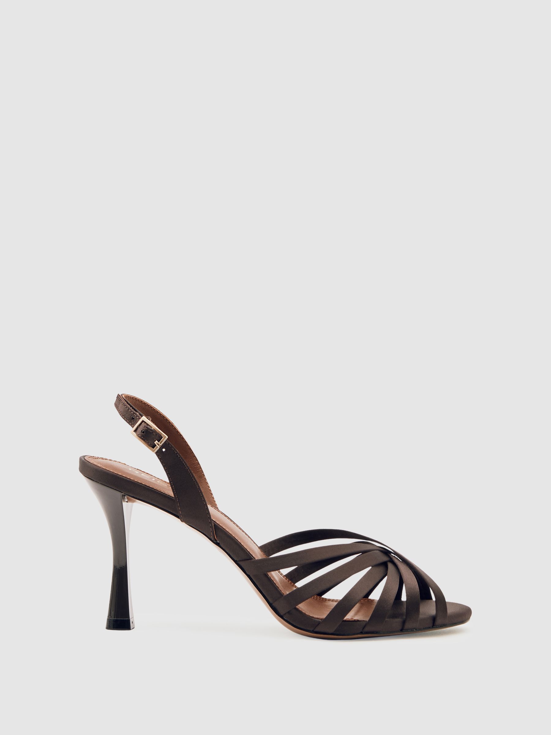 Satin Cross-Strap Heeled Sandals in Chocolate