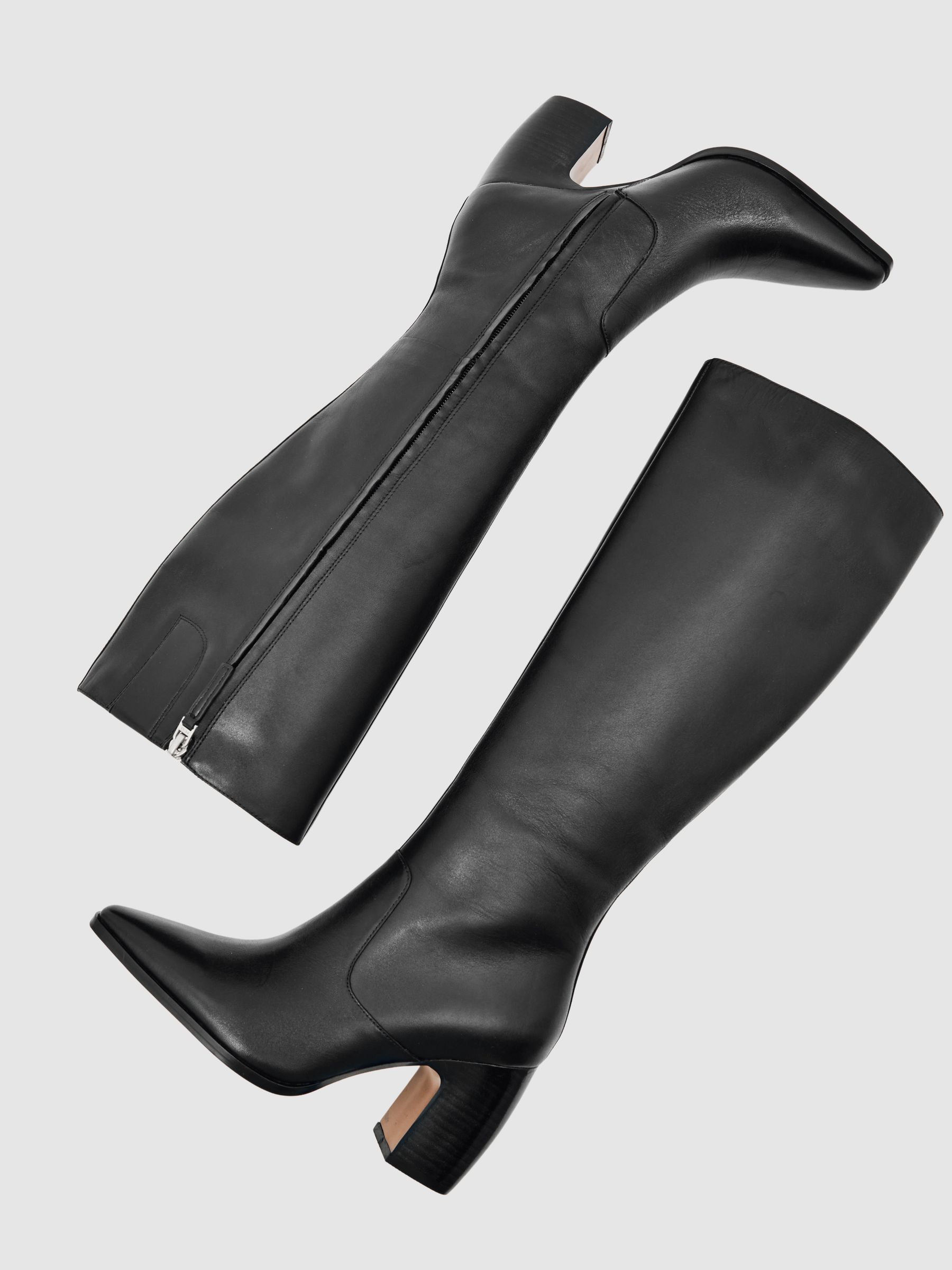 Leather Knee-High Block-Heel Boots in Black