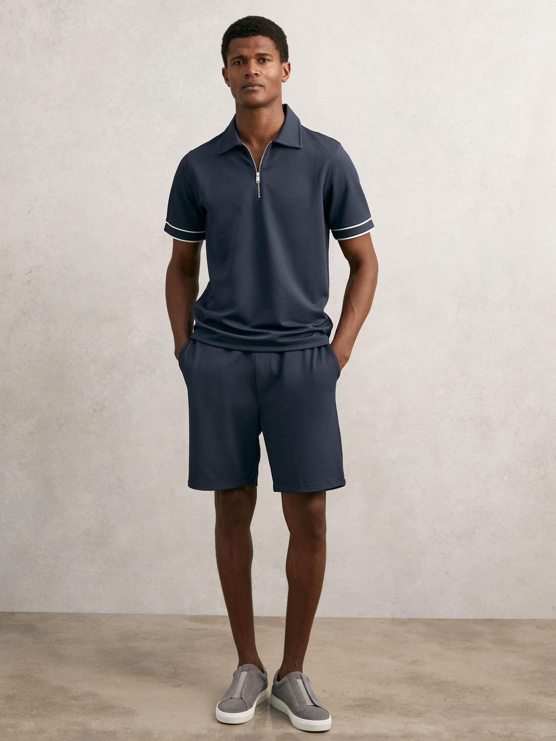 Textured Half-Zip Tipped Polo Shirt in Airforce Blue