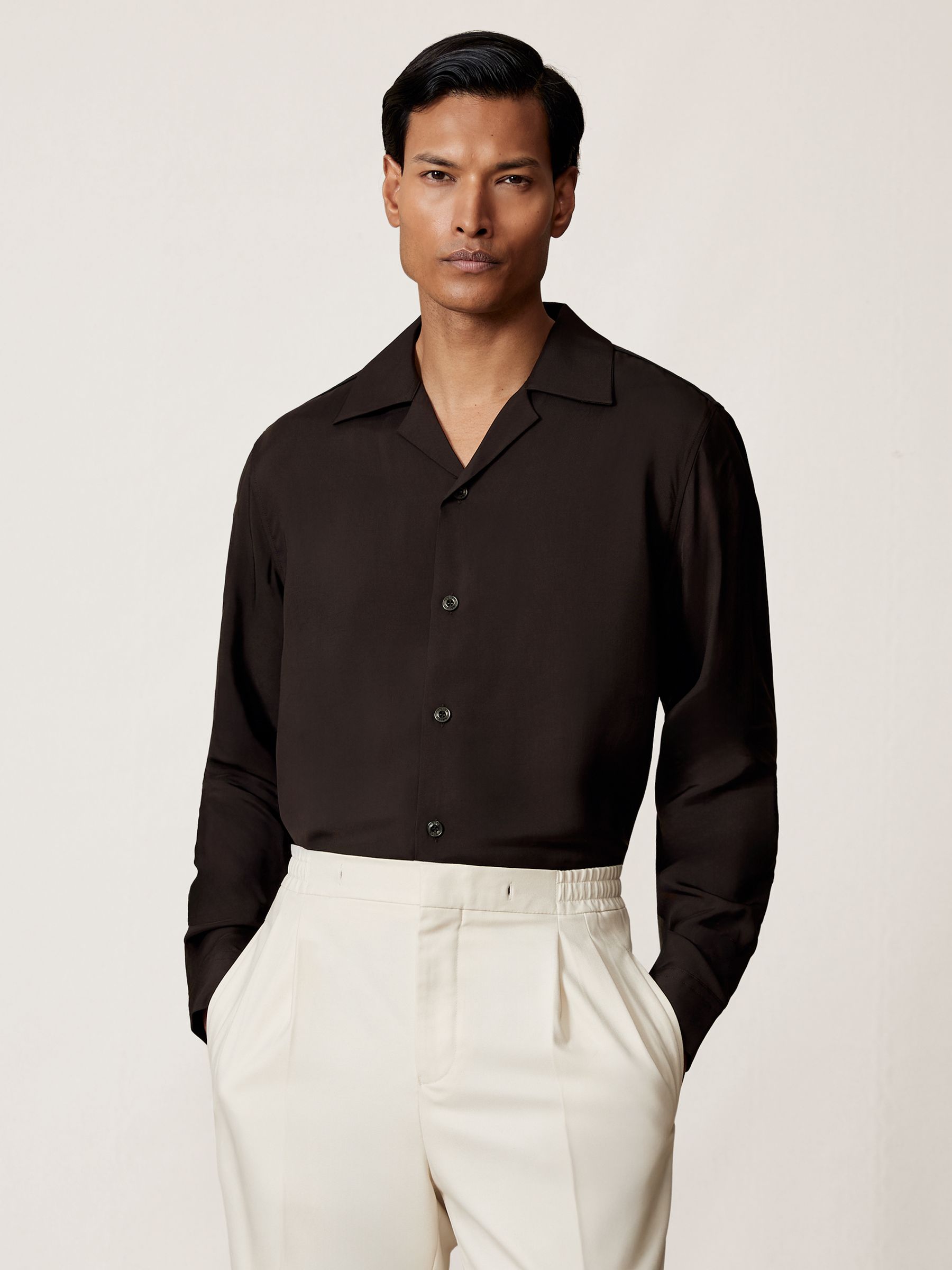 Twill Piped Cuban-Collar Shirt in Chocolate Brown