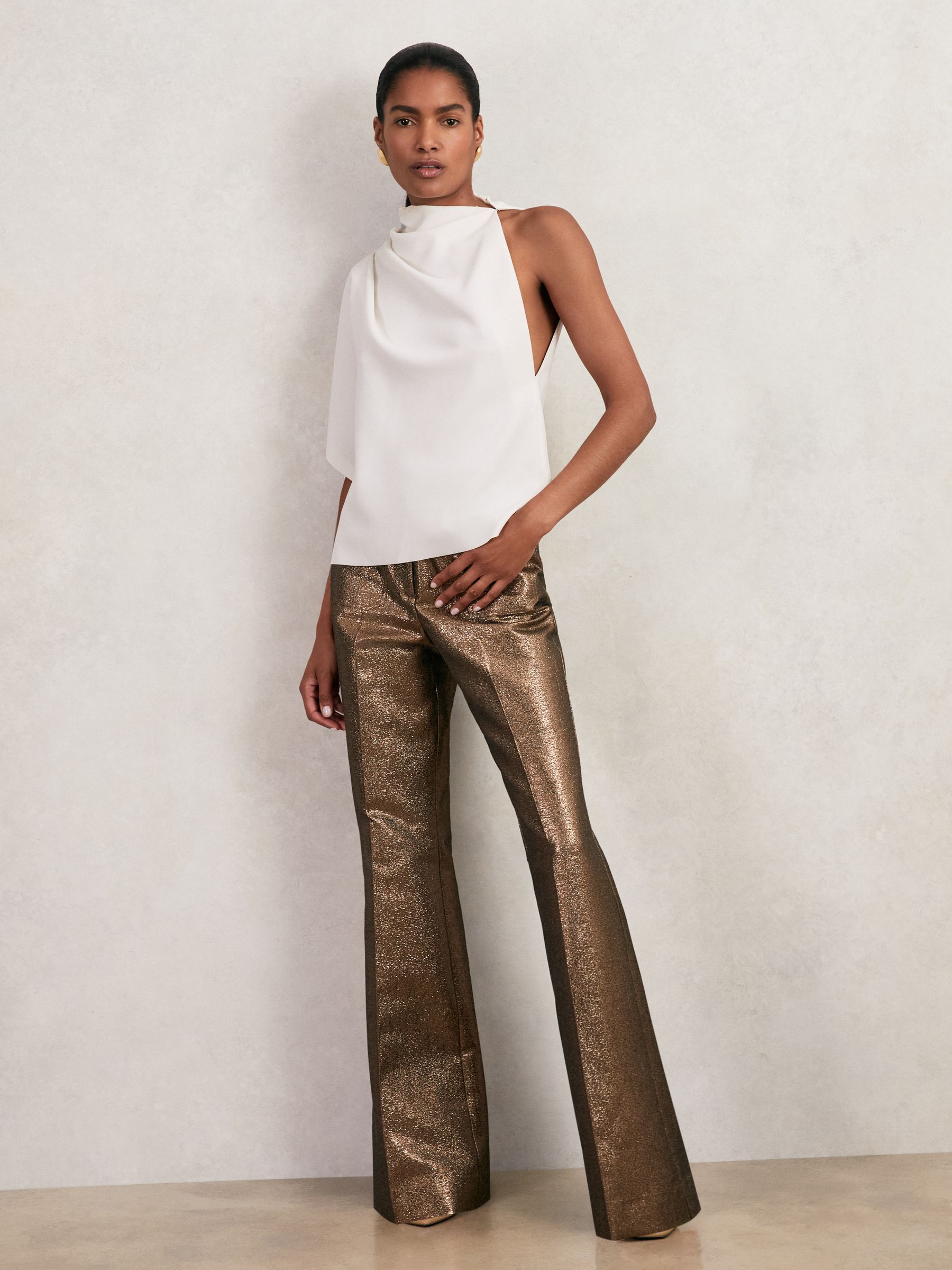 Sparkle Patch-Pocket Flared Trousers in Gold