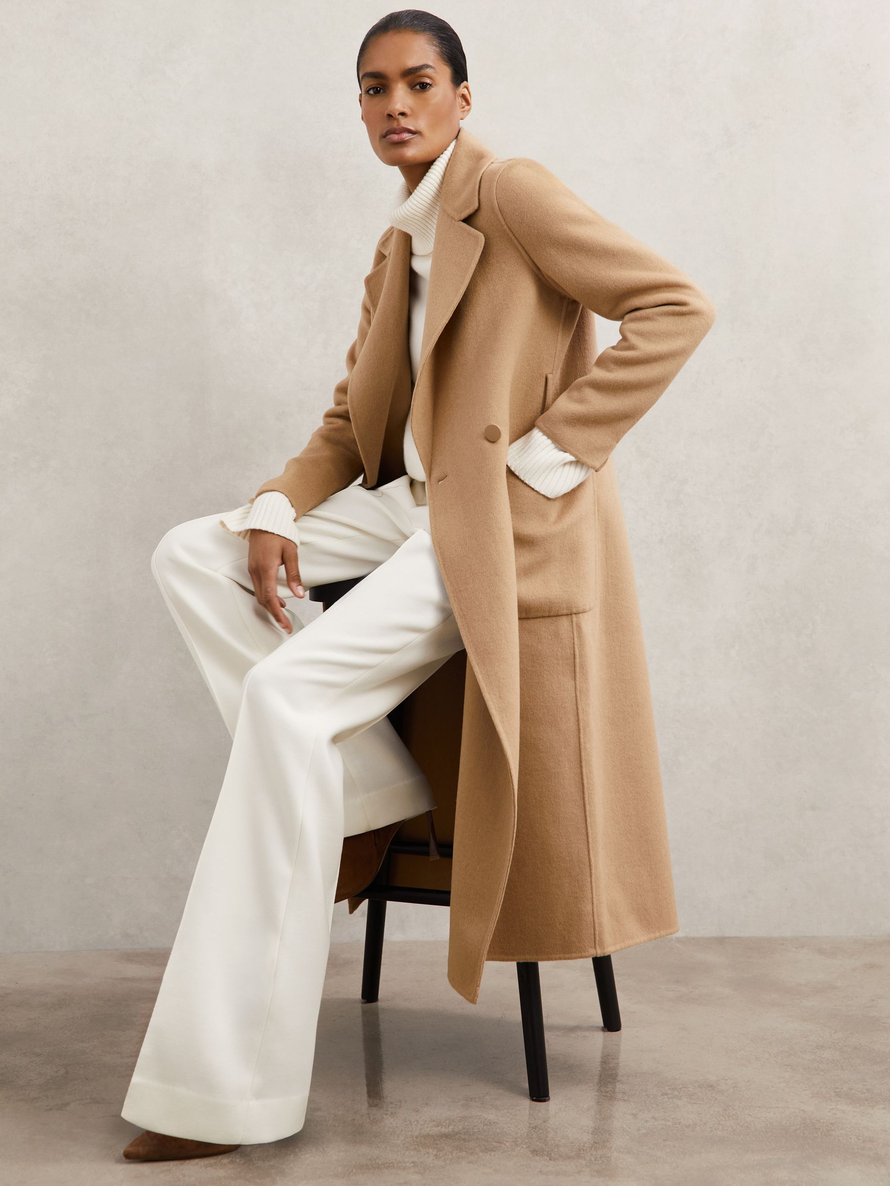 Petite Double-Breasted Blindseam Coat Wool-Blend in Camel