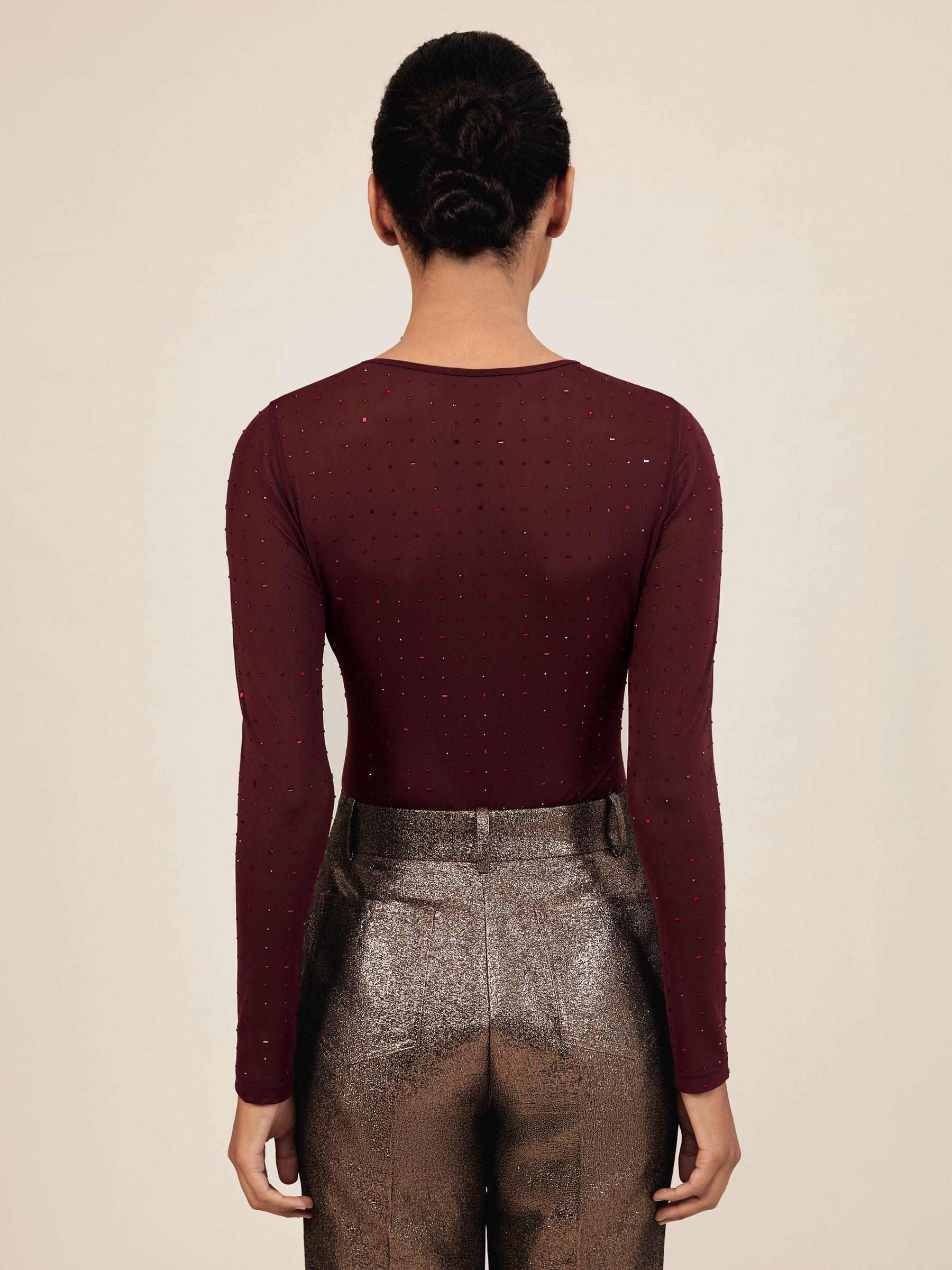 Crystal-Embellished Mesh Bodysuit in Red