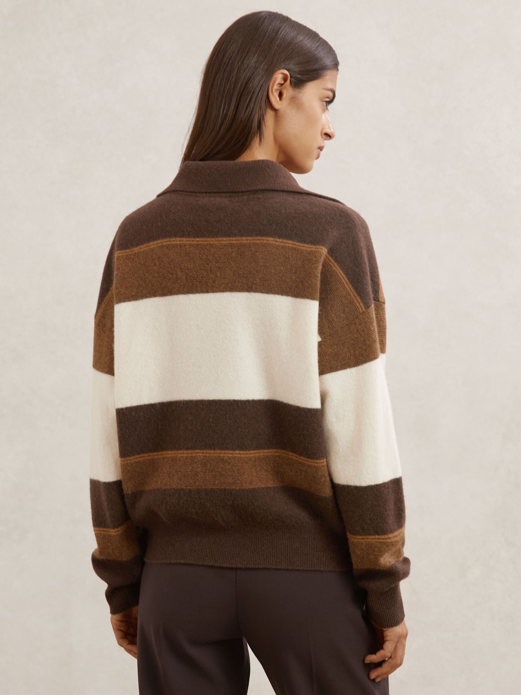 Wool-Cashmere Stripe Collared Jumper in Chocolate/Cream