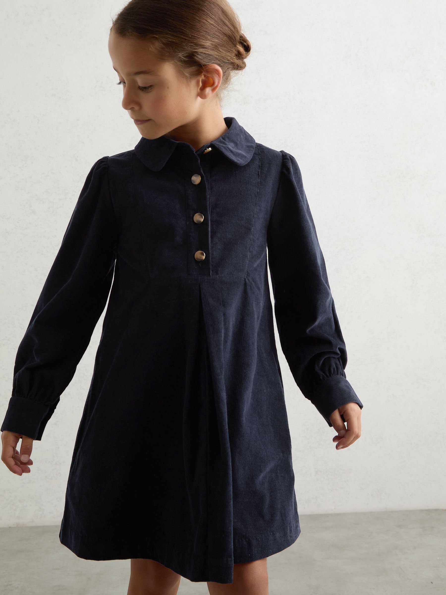 Corduroy Long-Sleeve Collared Dress in Navy