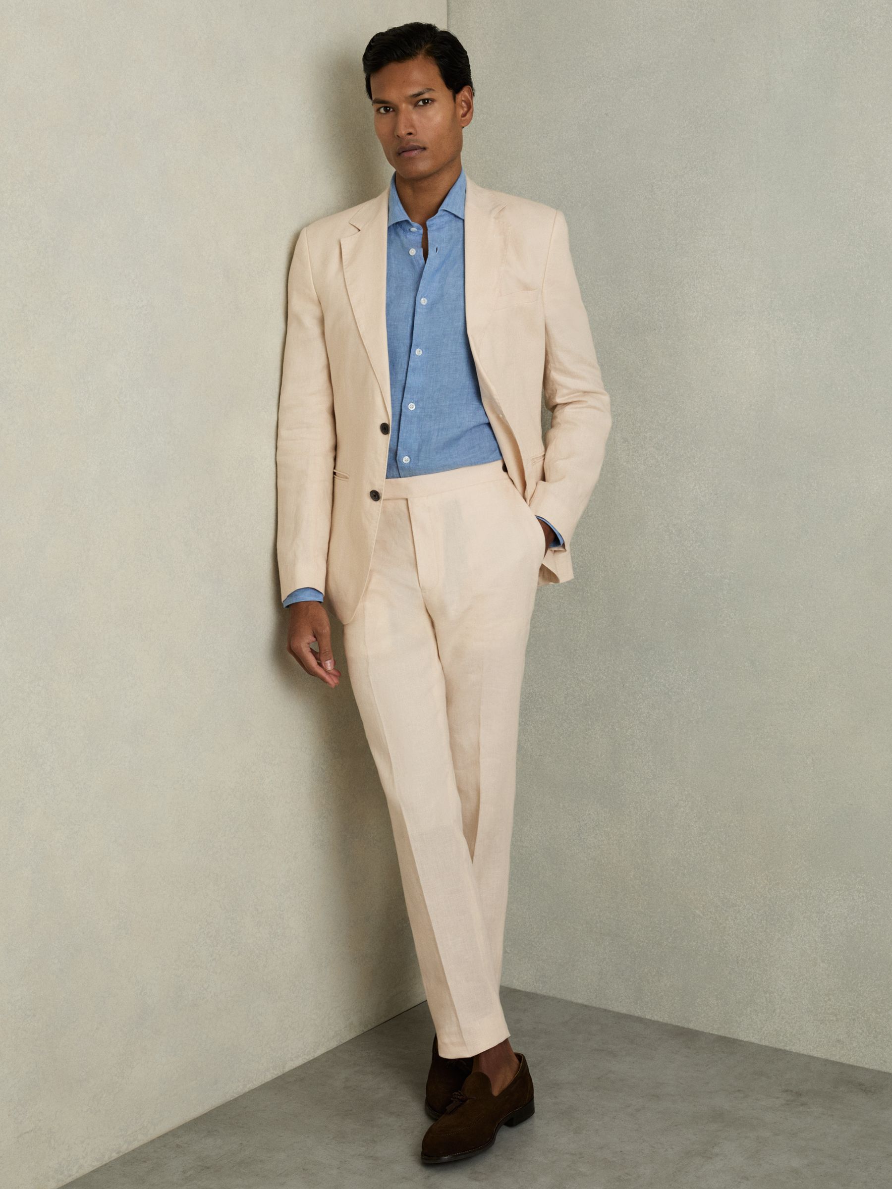 Slim Fit Linen Trousers in Stone