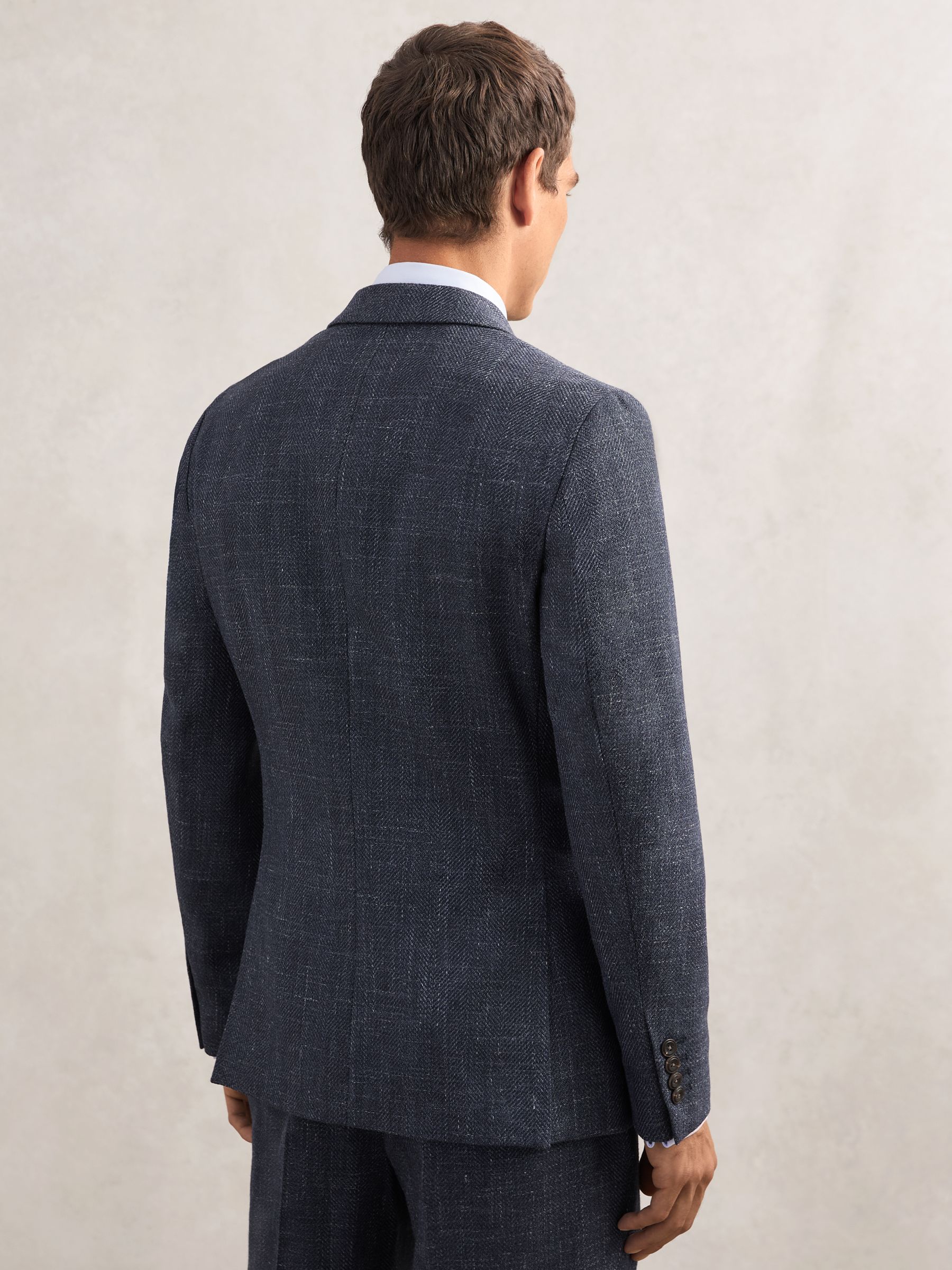 Double-Breasted Herringbone Blazer Slim-Fit Wool-Blend in Navy