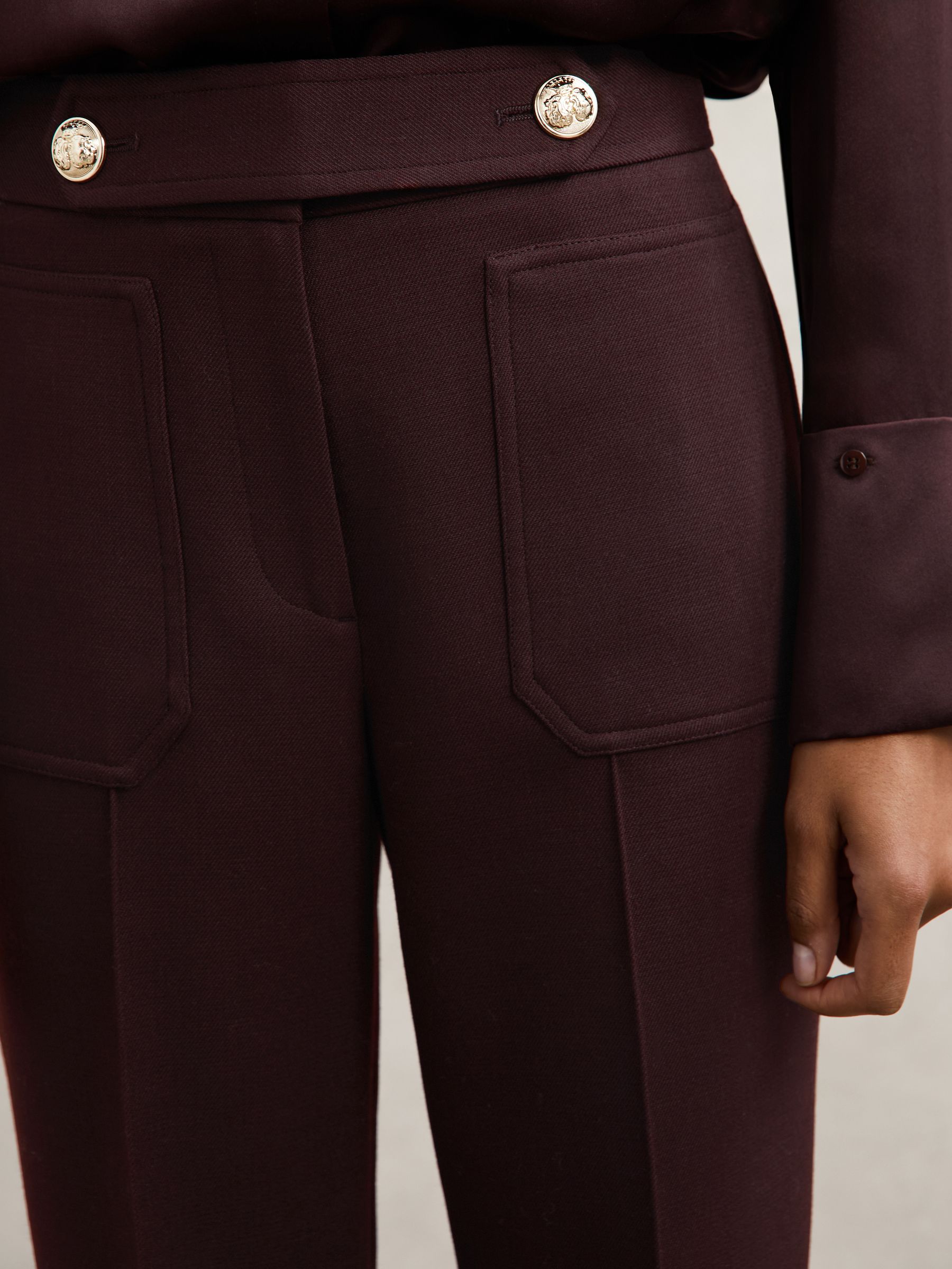 Twill Button-Tab Flared Trousers With Wool in Burgundy