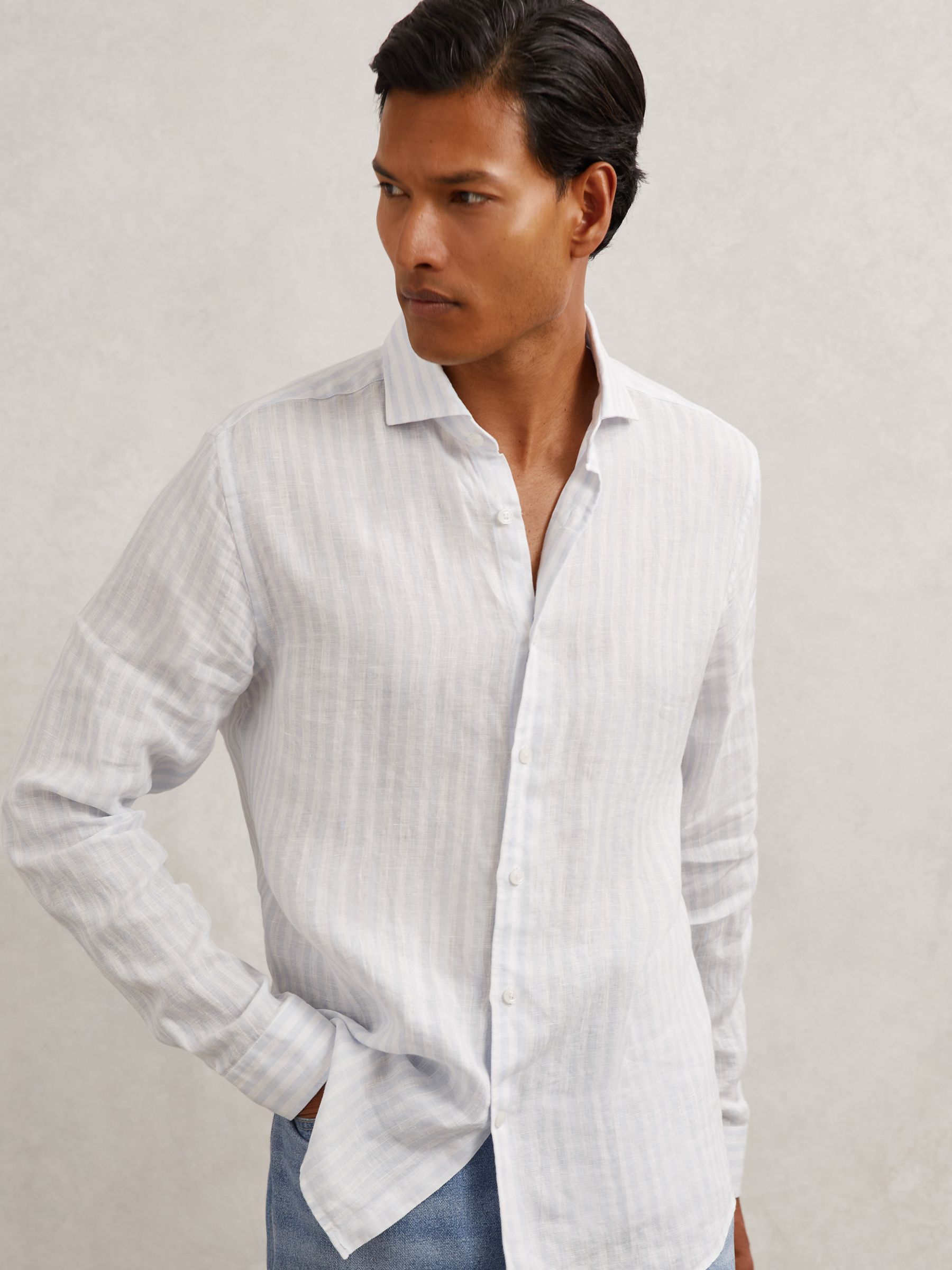 Linen Stripe Long-Sleeve Shirt in Pale Blue/White Stripe