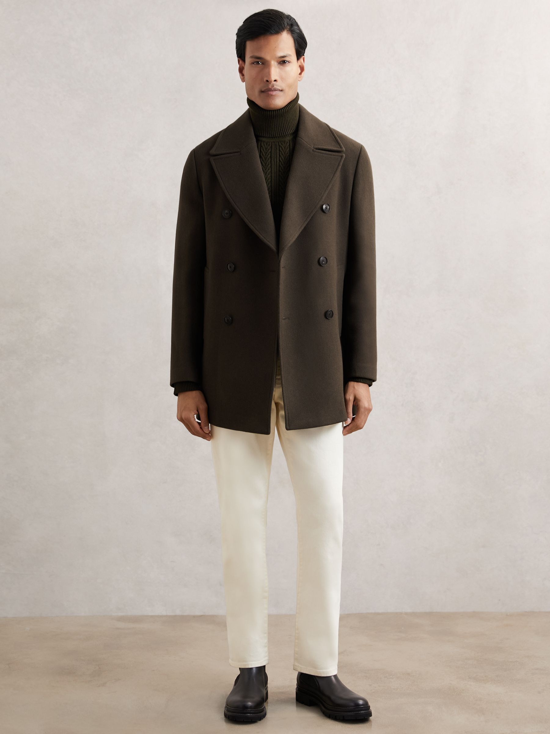 Wool-Blend Double-Breasted Pea Coat in Dark Green