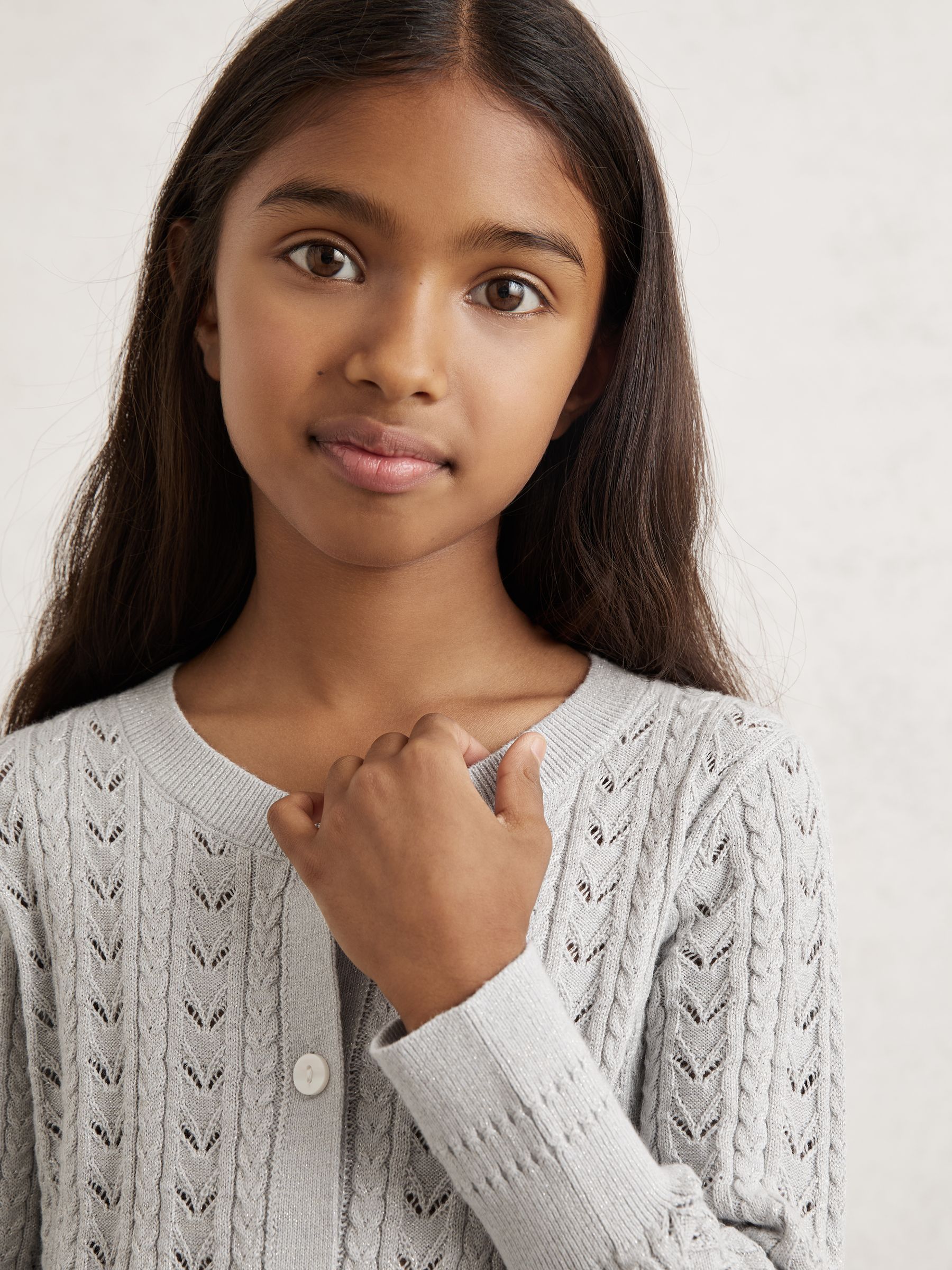 Cotton And Wool Blend Pointelle Cardigan in Grey