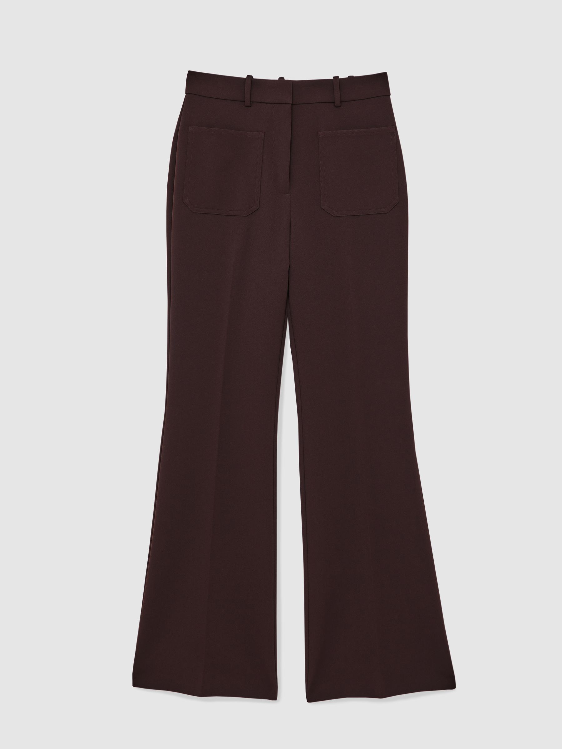 Petite Twill Patch-Pocket Flared Trousers in Chocolate Brown
