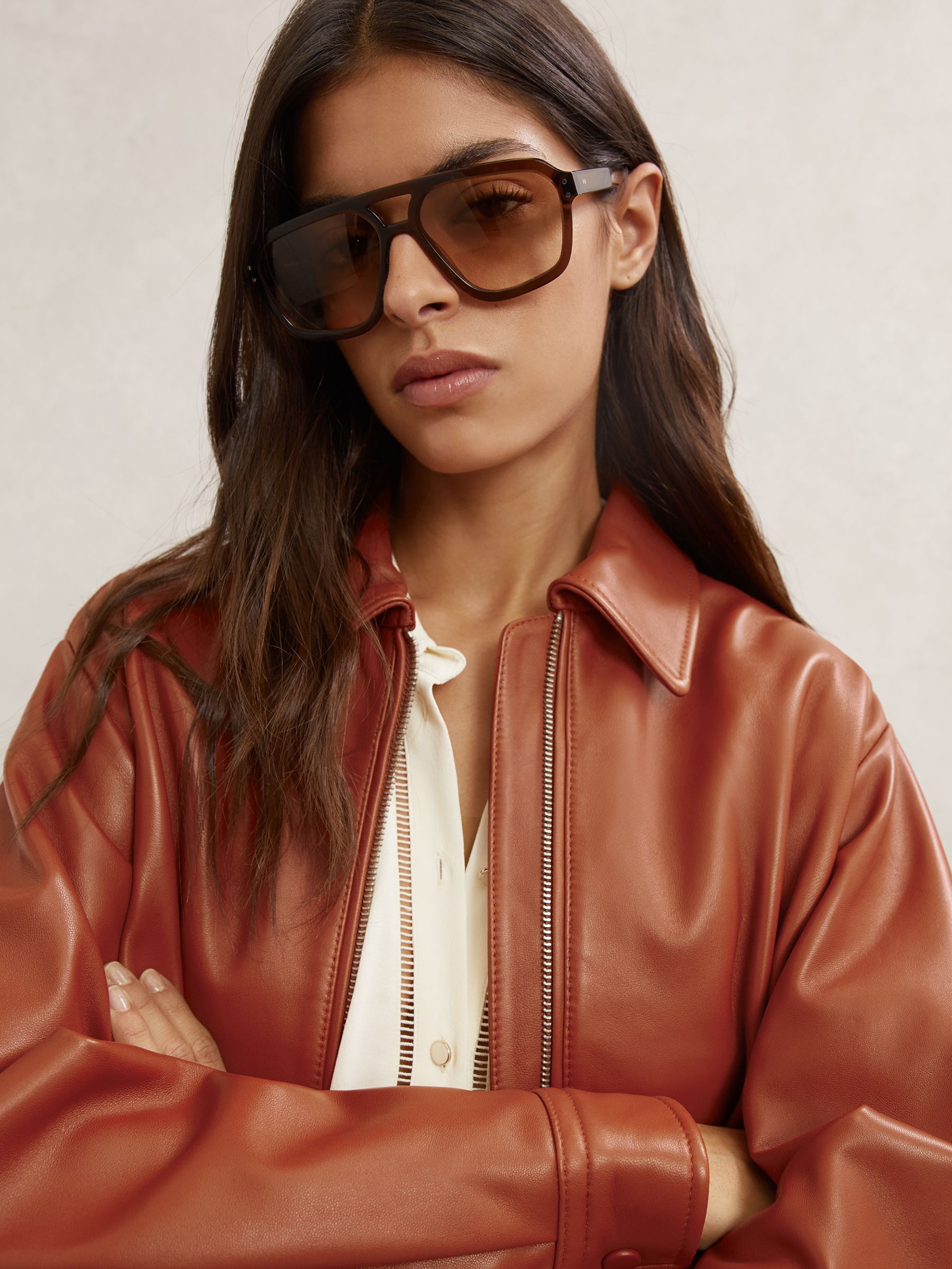 Leather Cropped Bomber Jacket in Tan