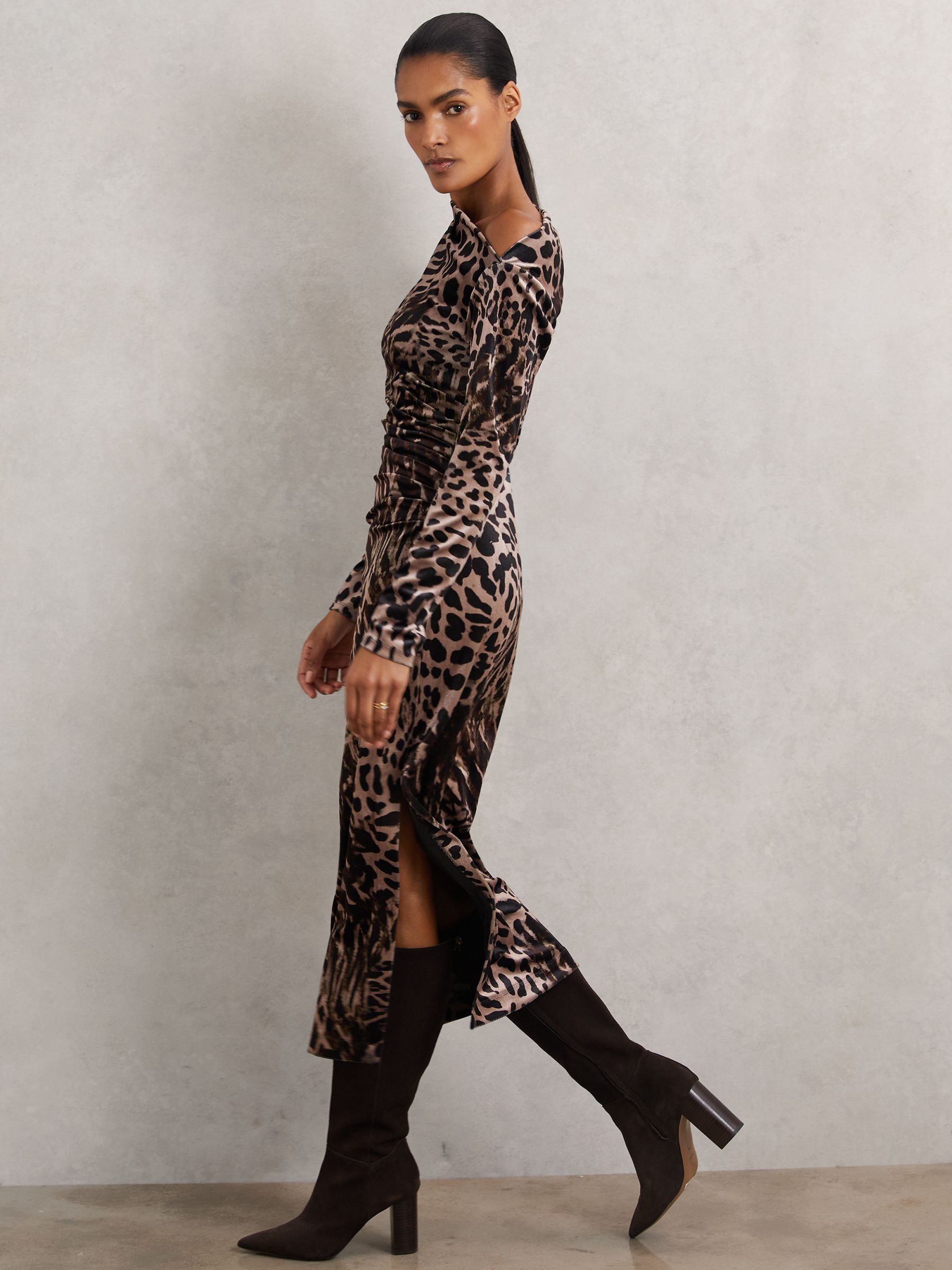 Petite Velvet Leopard-Print Midi Dress in Black/Brown