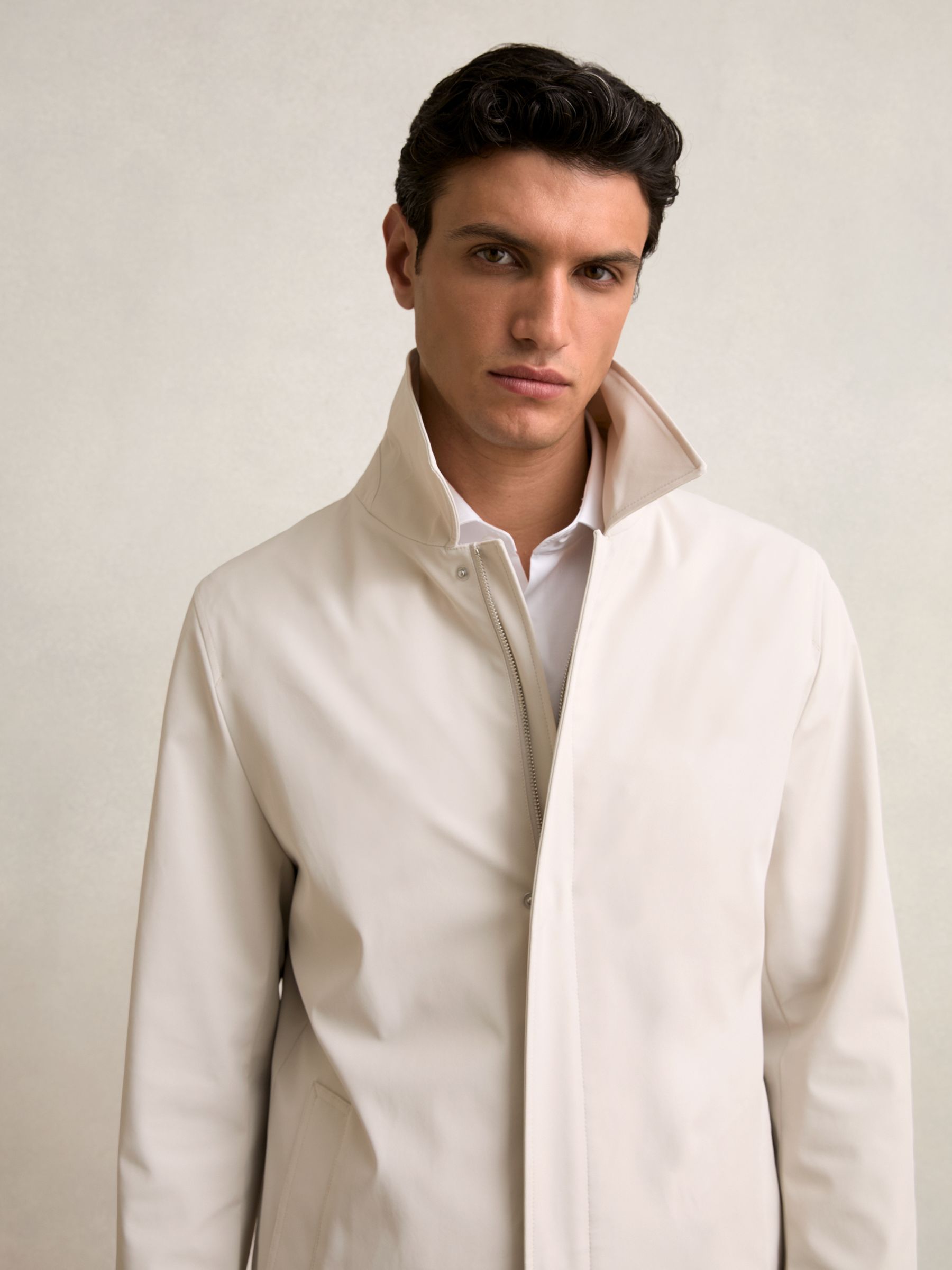 Hybrid Removable Funnel Neck Overcoat in Light Stone