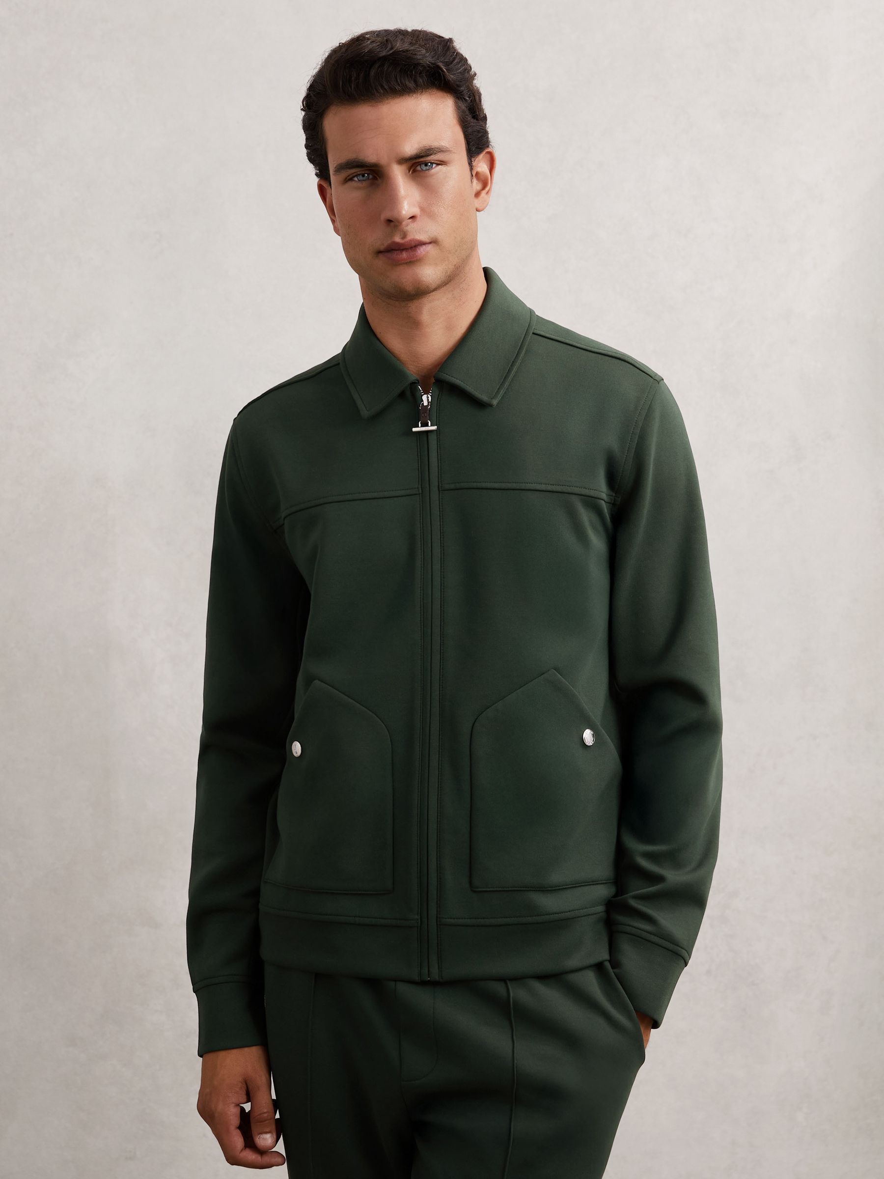 Interlock Zip Through Overshirt in Dark Sage Green