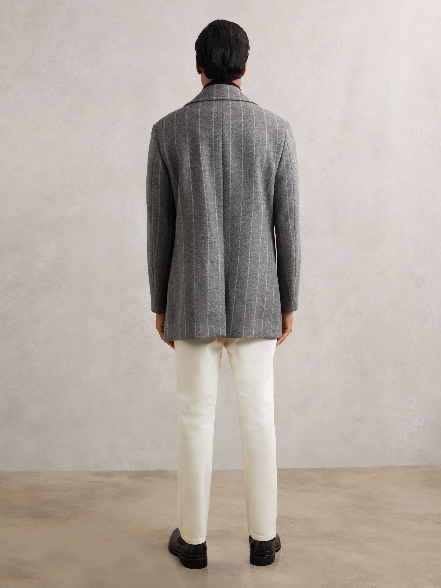 Wool-Blend Chalk-Stripe Pea Coat in Grey