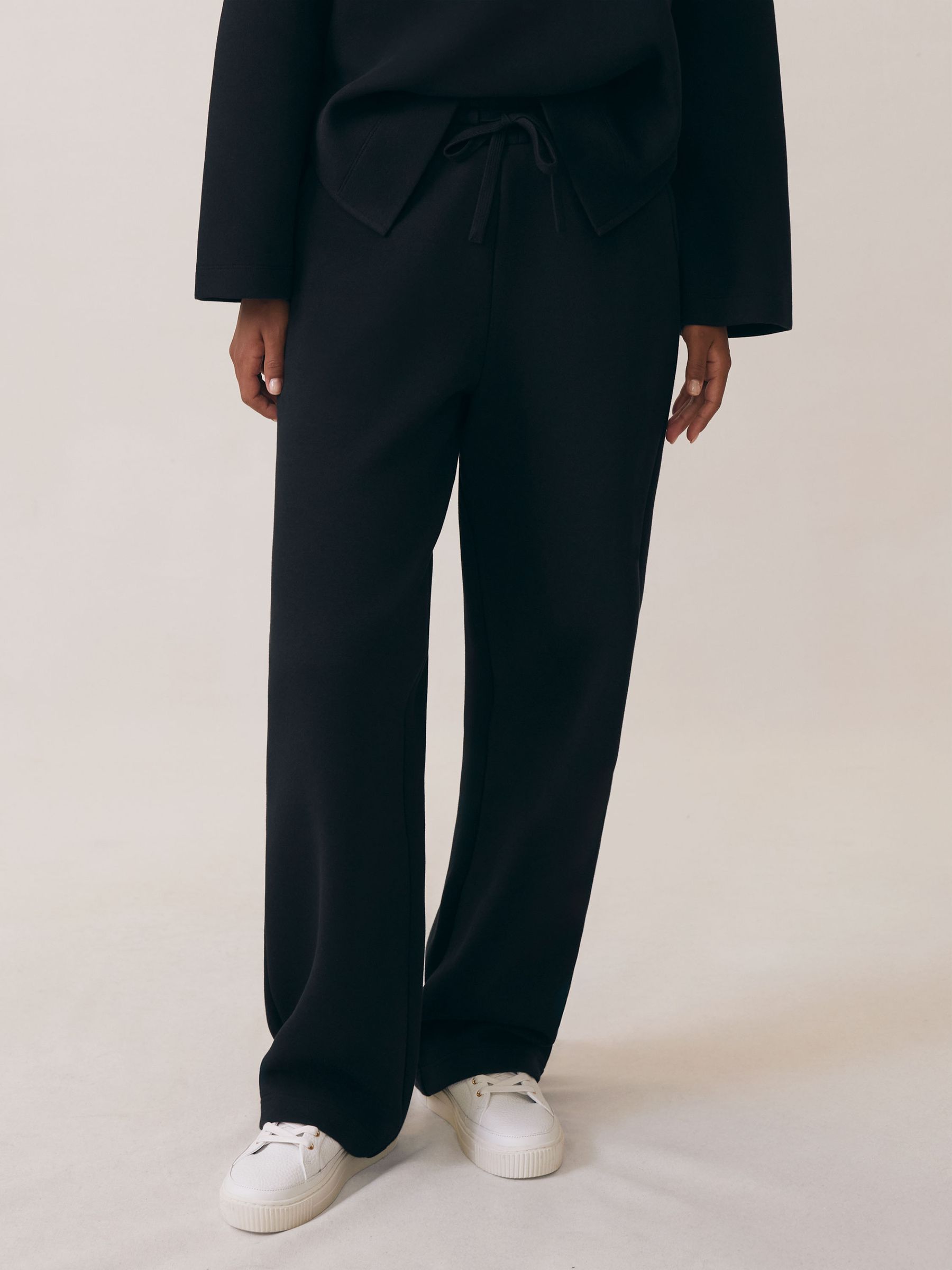 Cotton Blend Interlock Wide Leg Joggers in Black/White