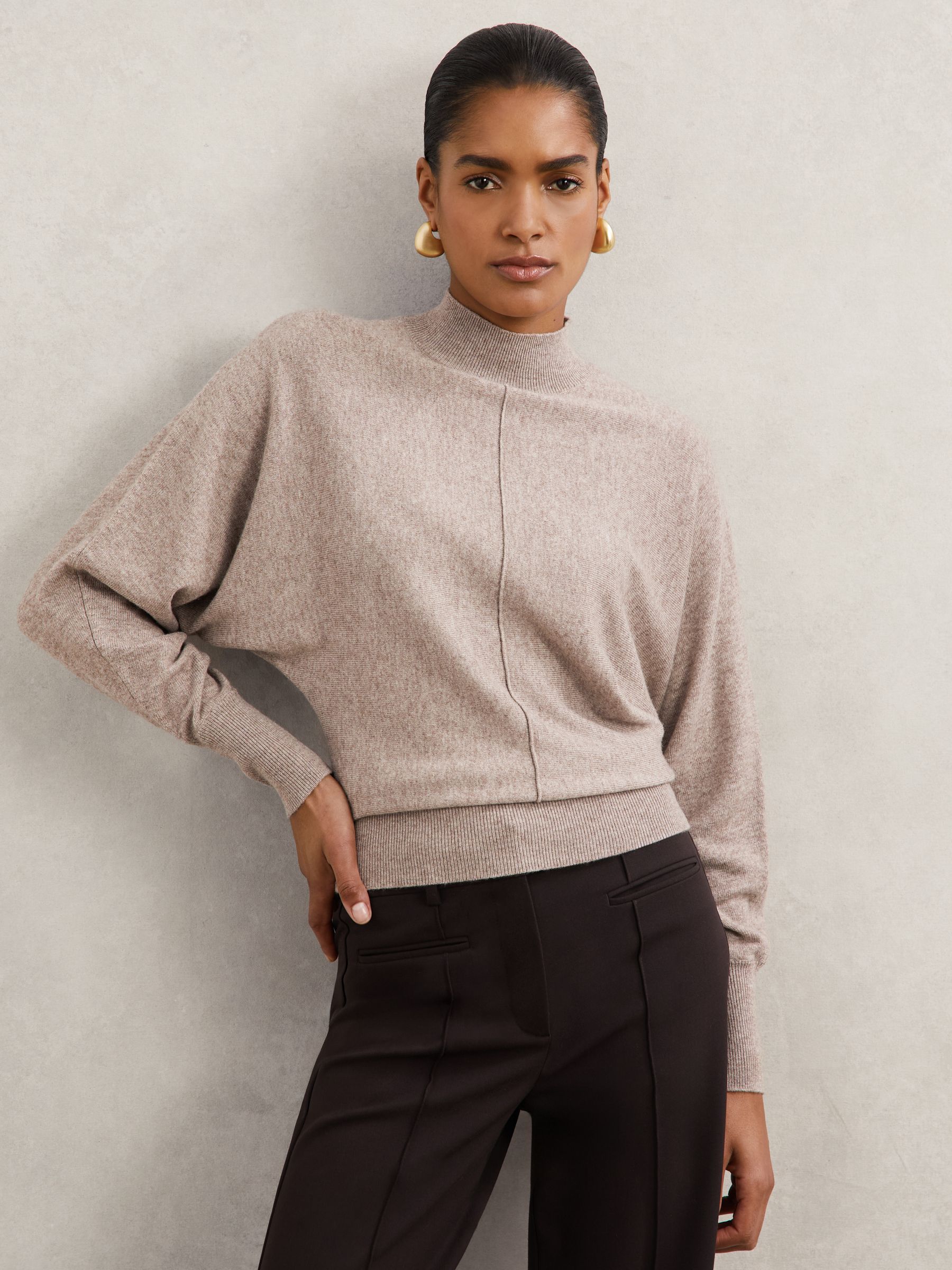 Wool-Blend Funnel-Neck Batwing Jumper with Cashmere in Neutral