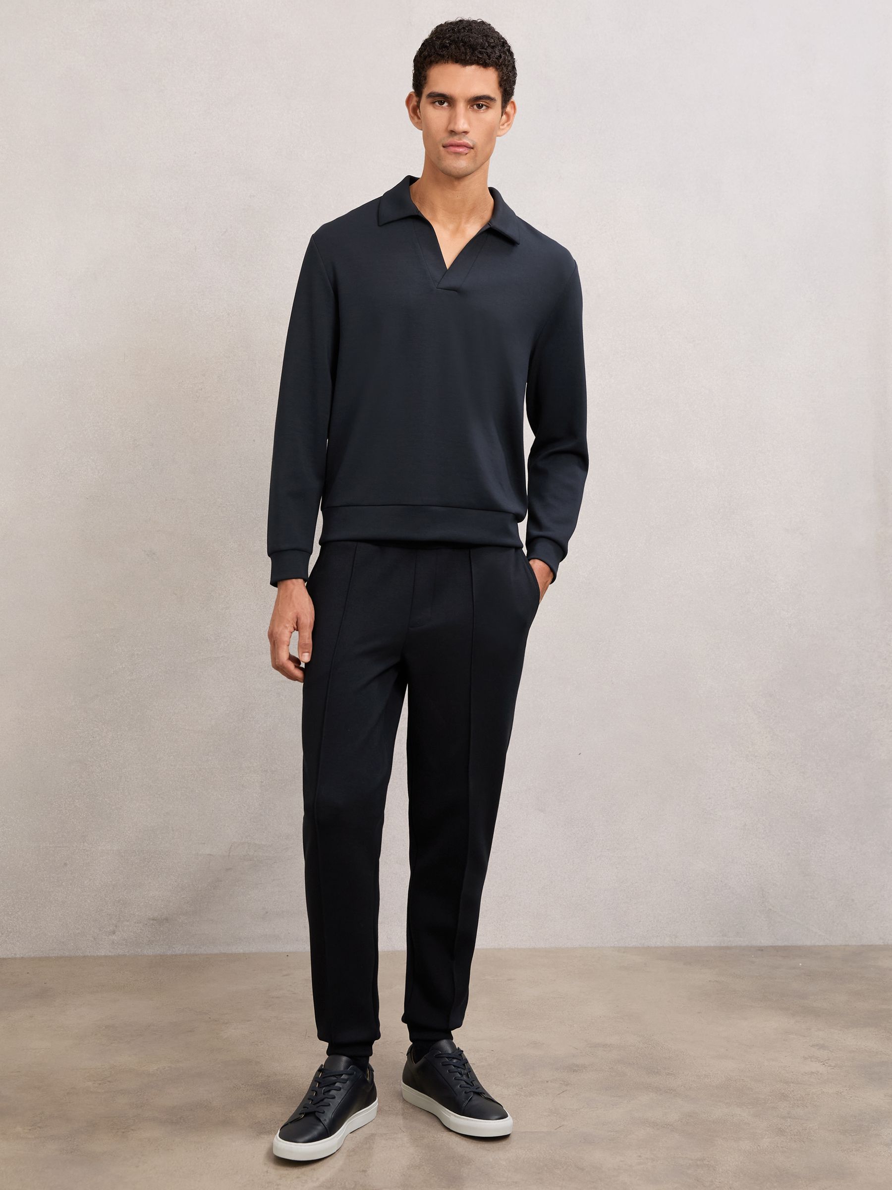 Interlock Open-Collar Polo Sweatshirt in Navy Blue