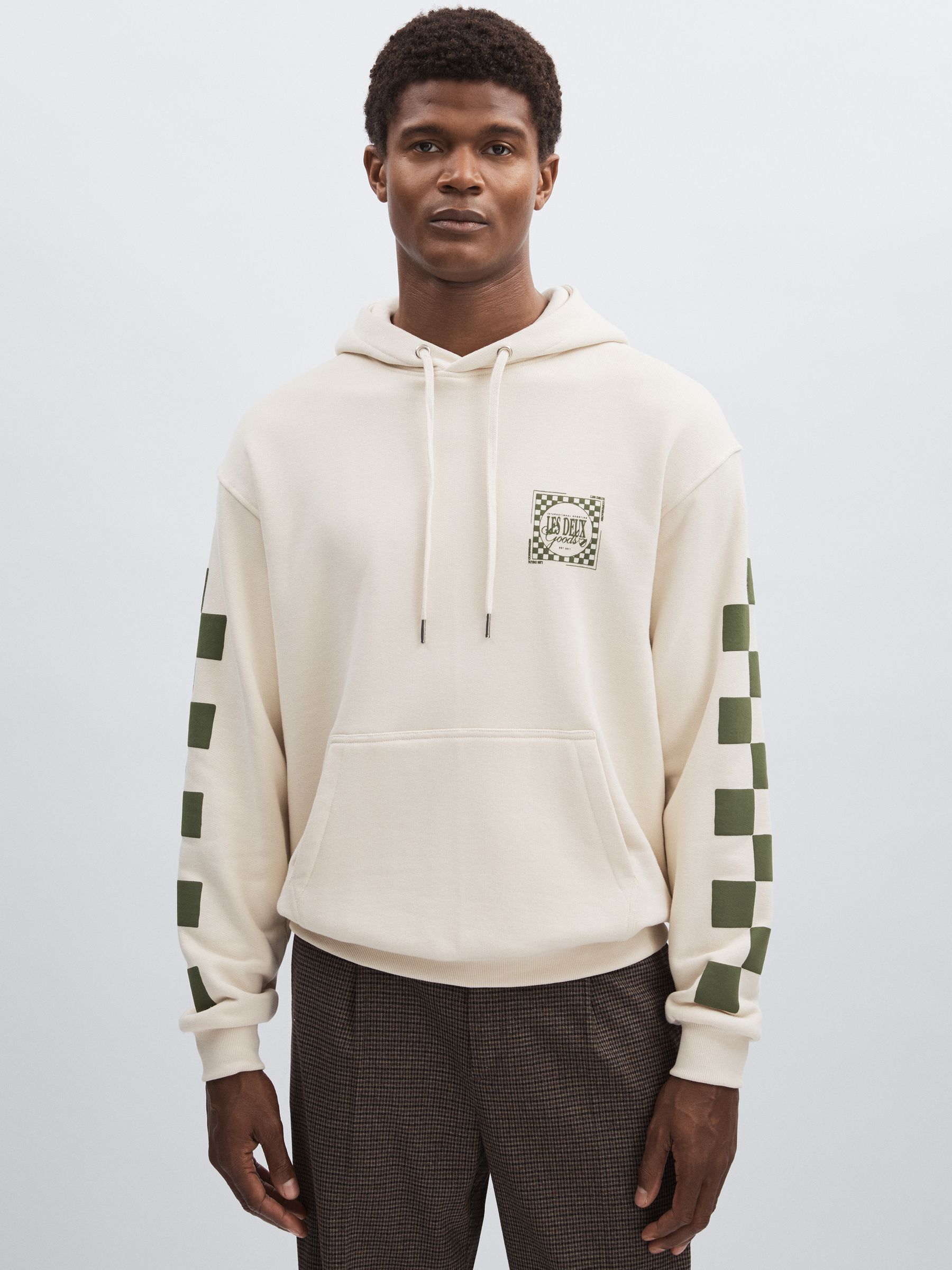 Les Deux 100% Cotton Goods Print Hoodie in Ivory/Green