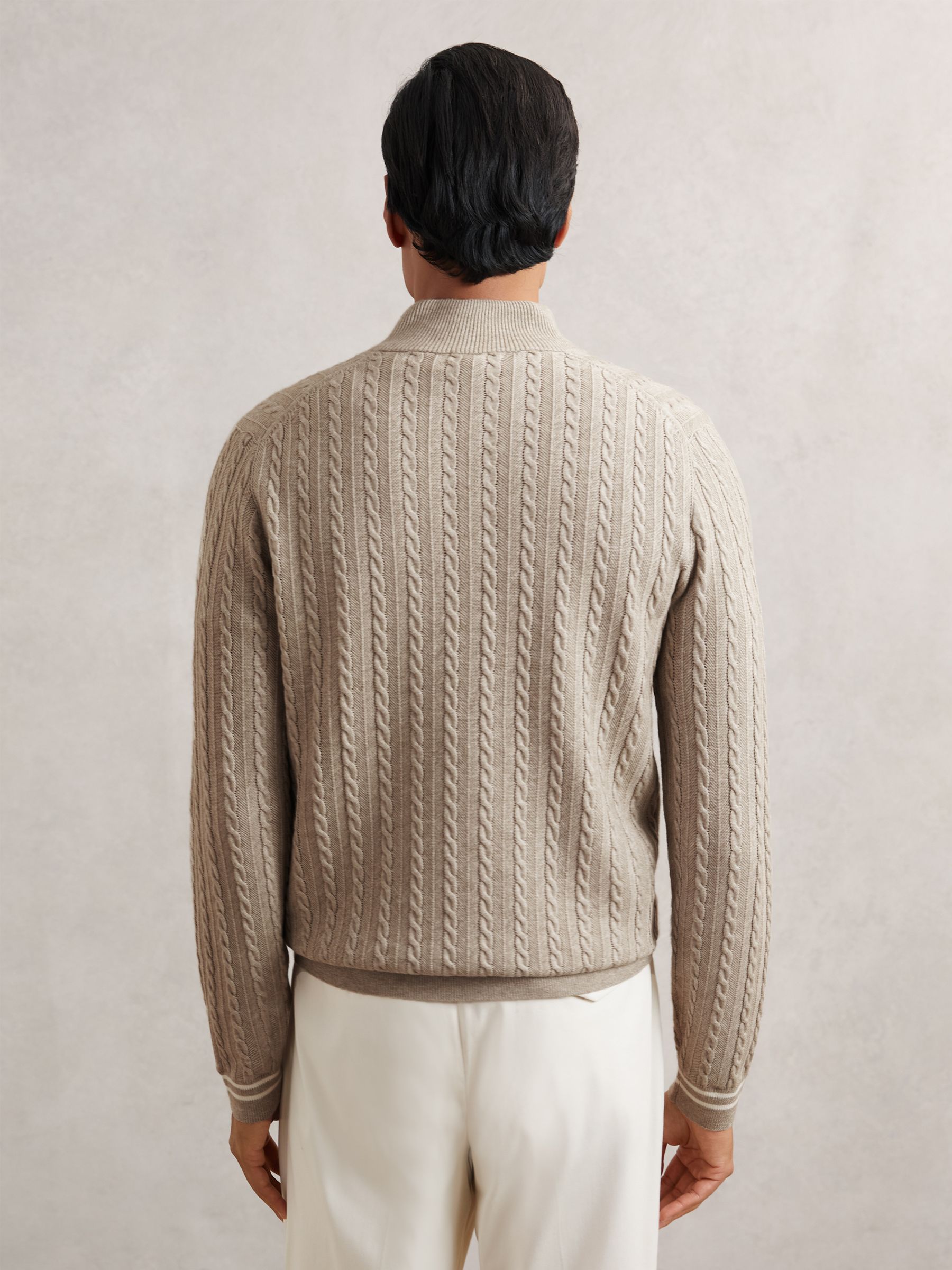 Half-Zip Cable Knit Jumper With Wool in Oatmeal Brown