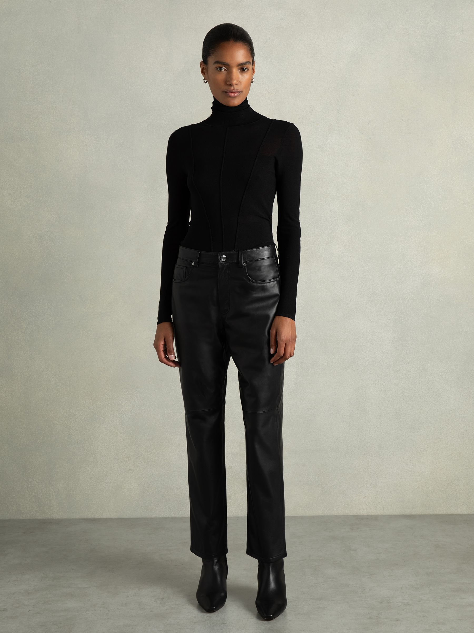 Petite Leather Slim-Leg Trousers in Black