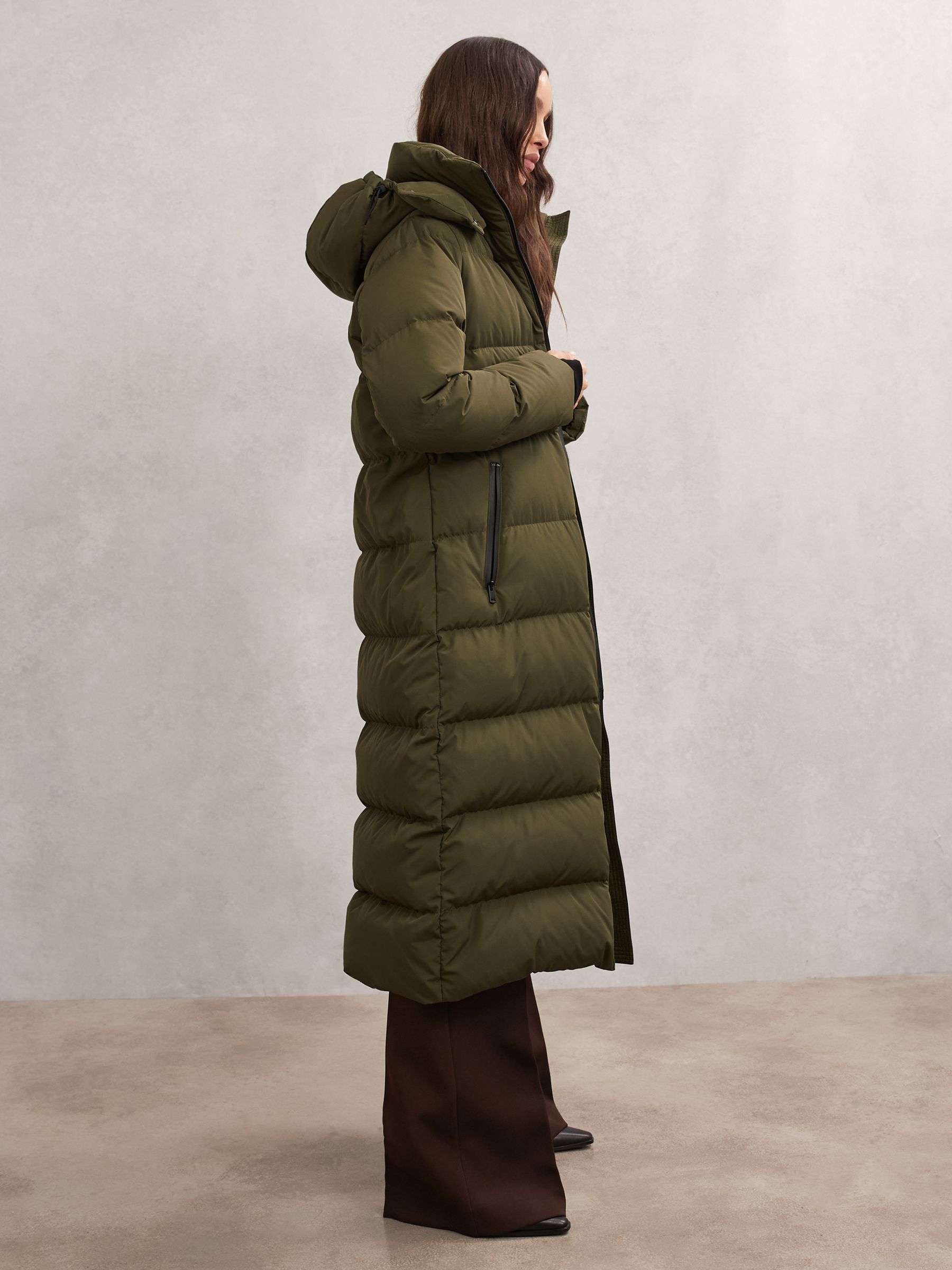 Petite Belted Longline Hooded Puffer Coat in Khaki