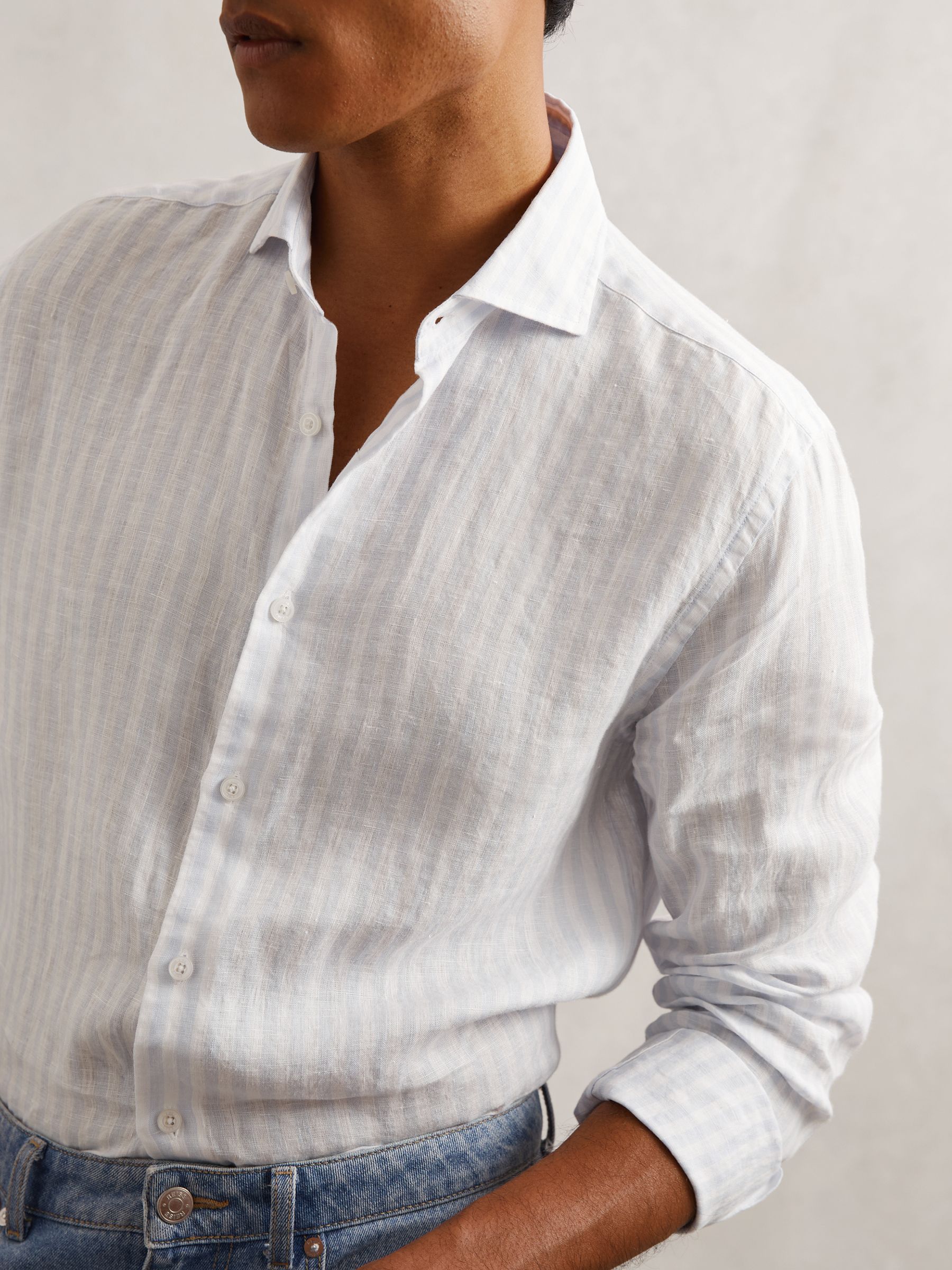 Linen Stripe Long-Sleeve Shirt in Pale Blue/White Stripe