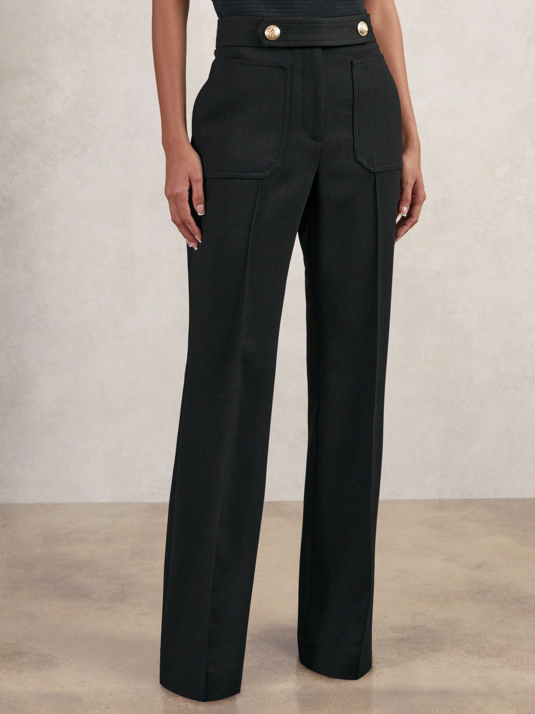 Twill Button-Tab Flared Trousers With Wool in Black